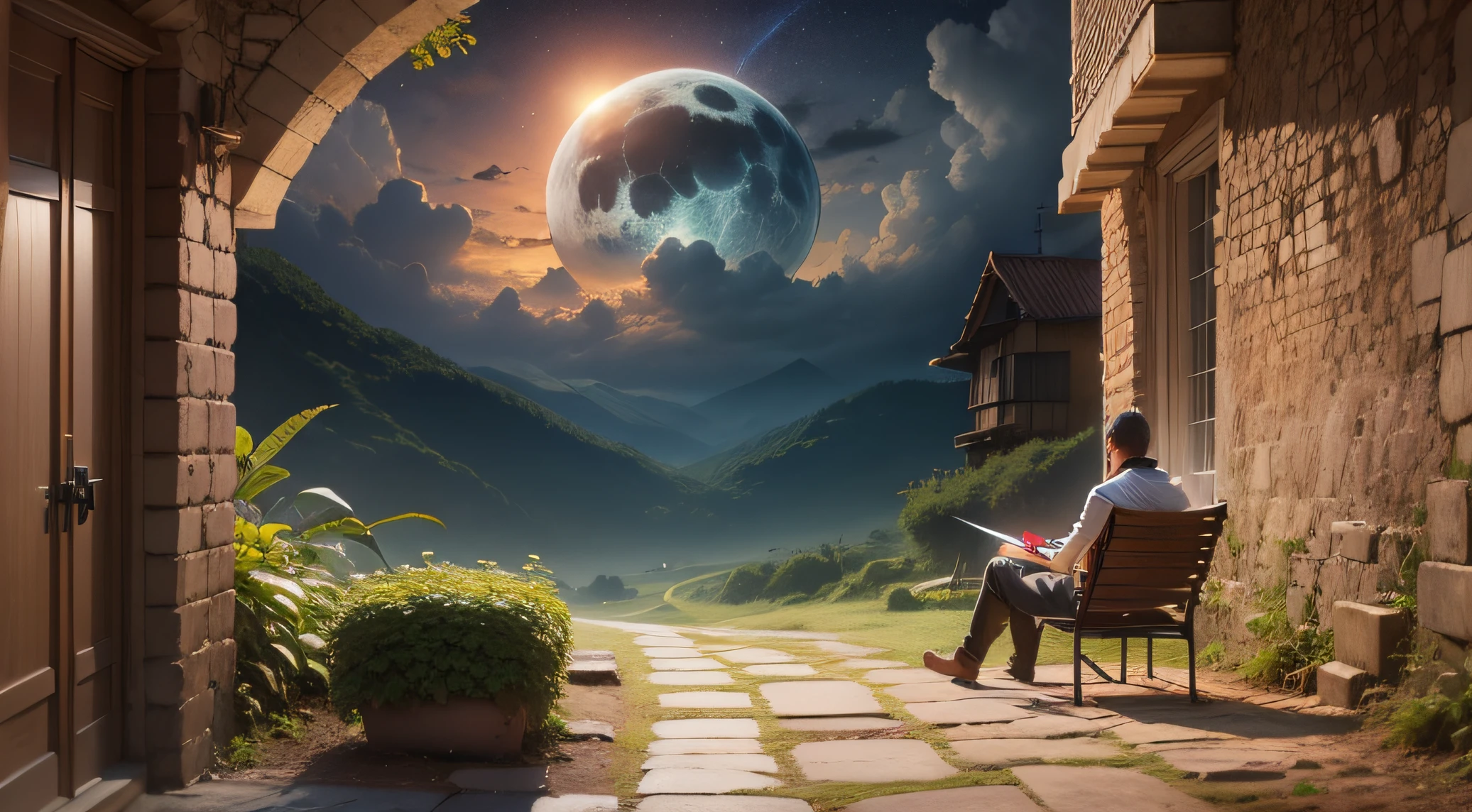 homem de costas sentado, natureza, luzes, noite, imagem real