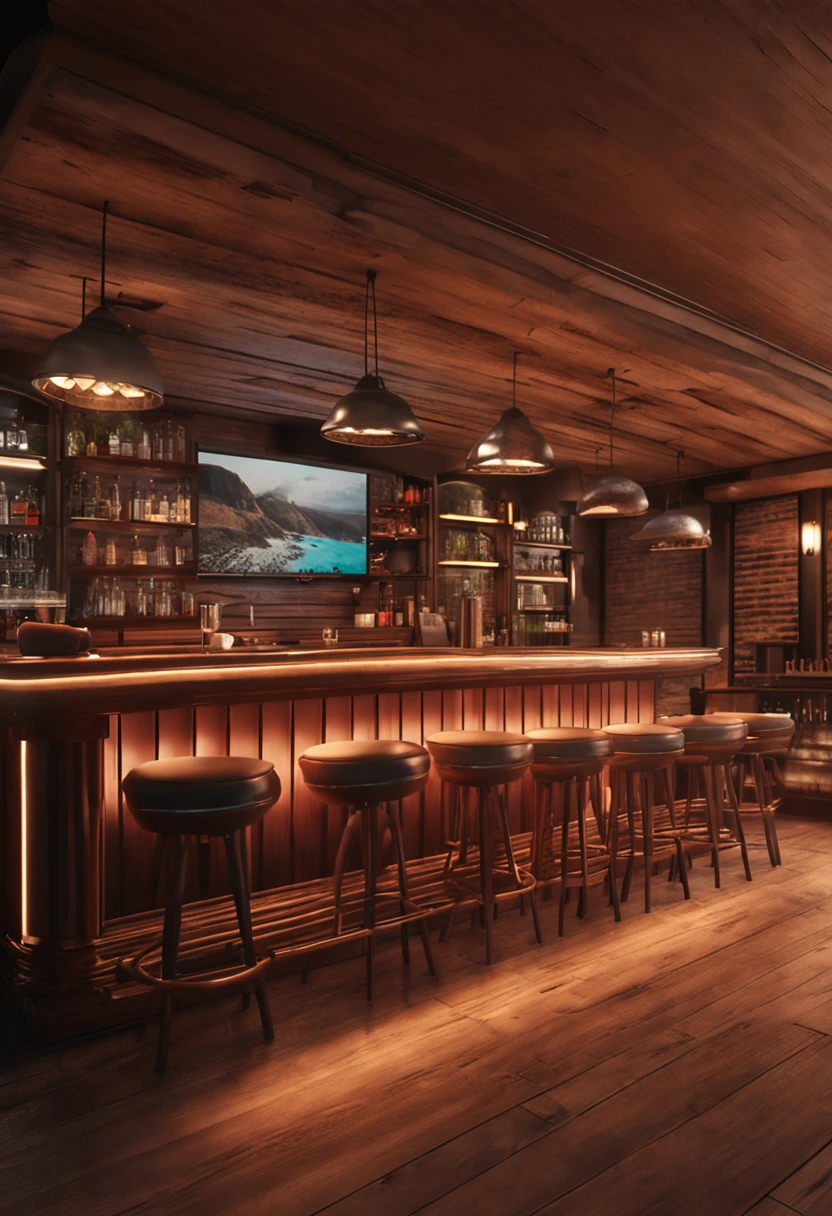 bar desfocado ao fundo, wide vision, com uma mesa de madeira, cores quentes high detail, photorealistic