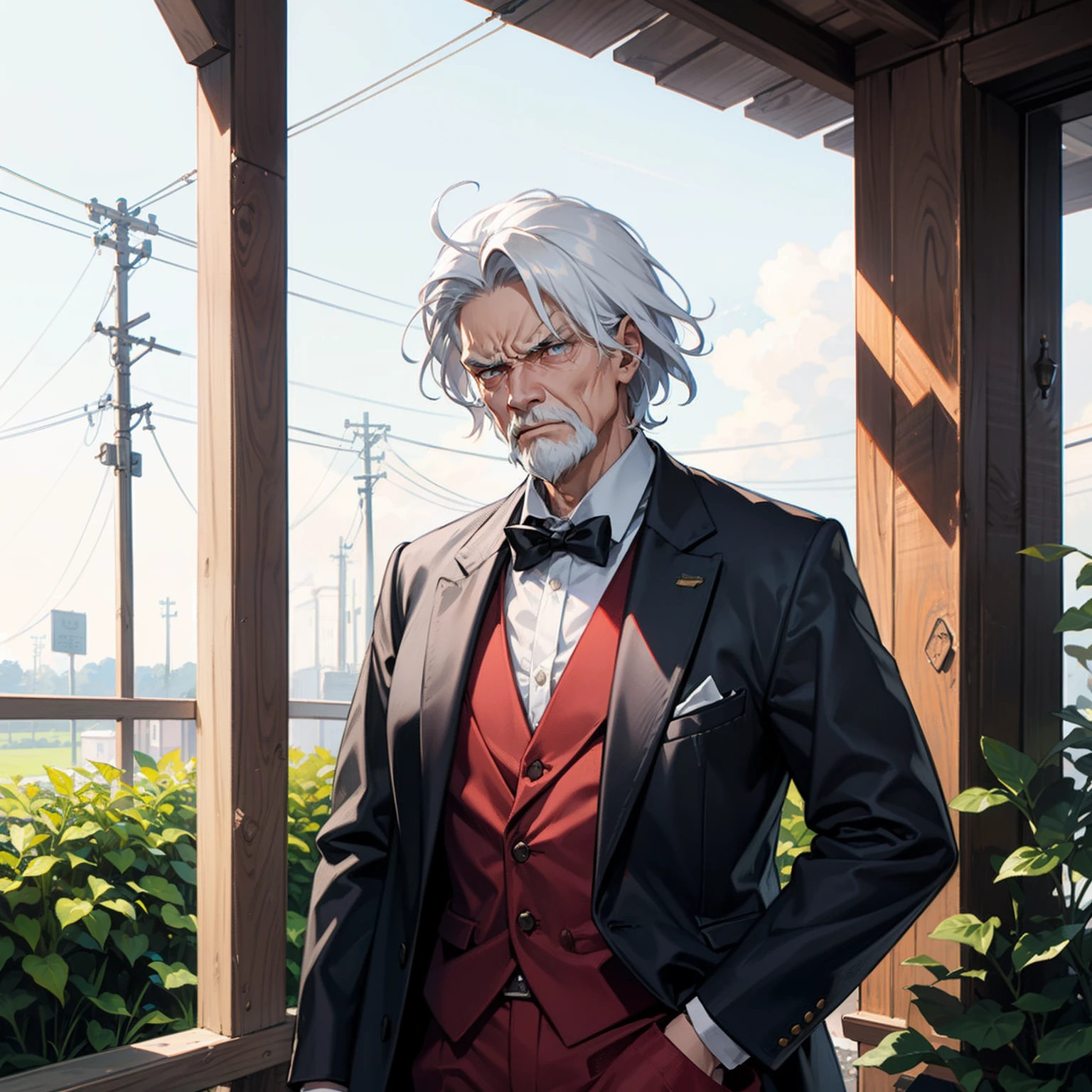 An old man,White hair,The expression is angry and angry,In the yard