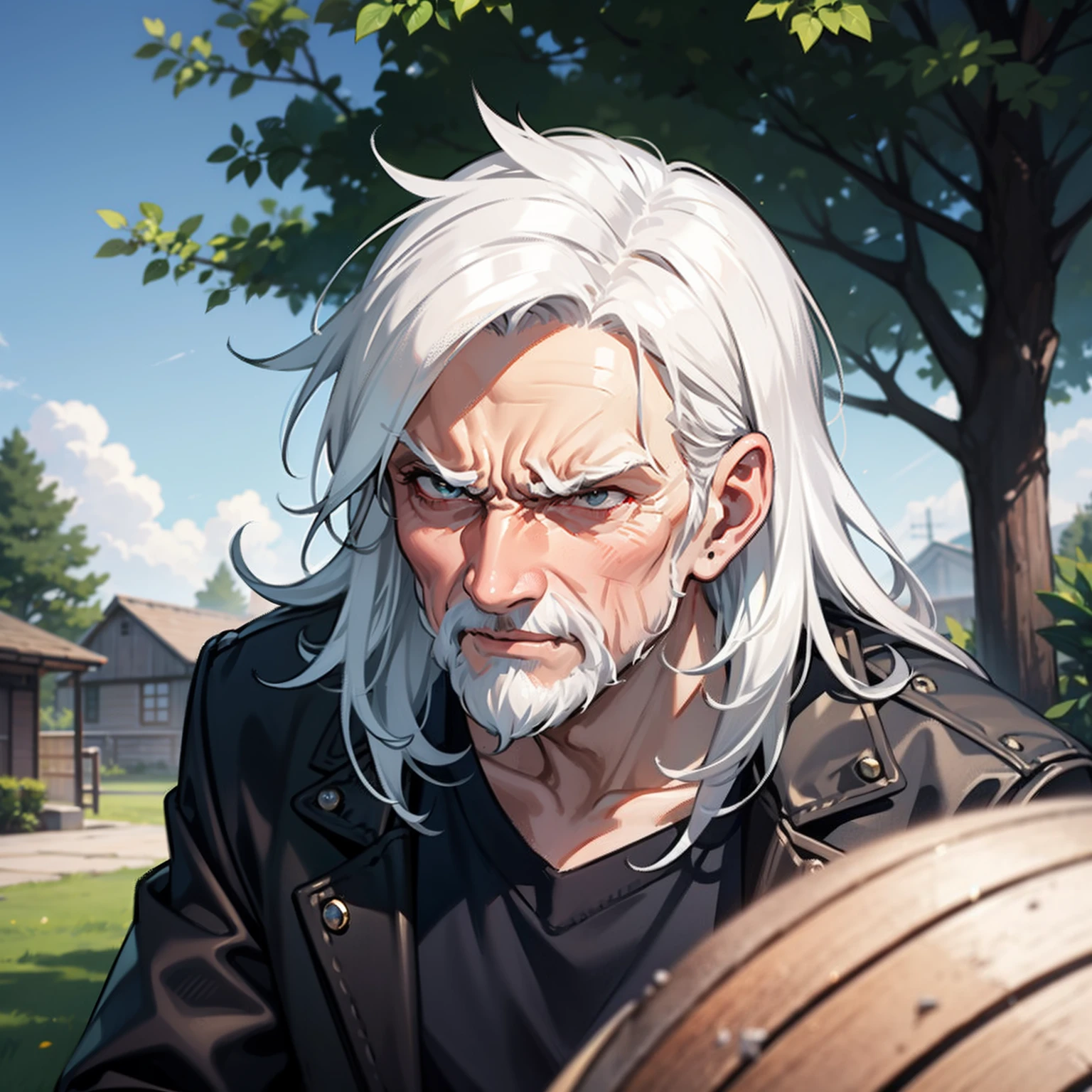 An old man，White hair，The expression is angry and angry，In the yard
