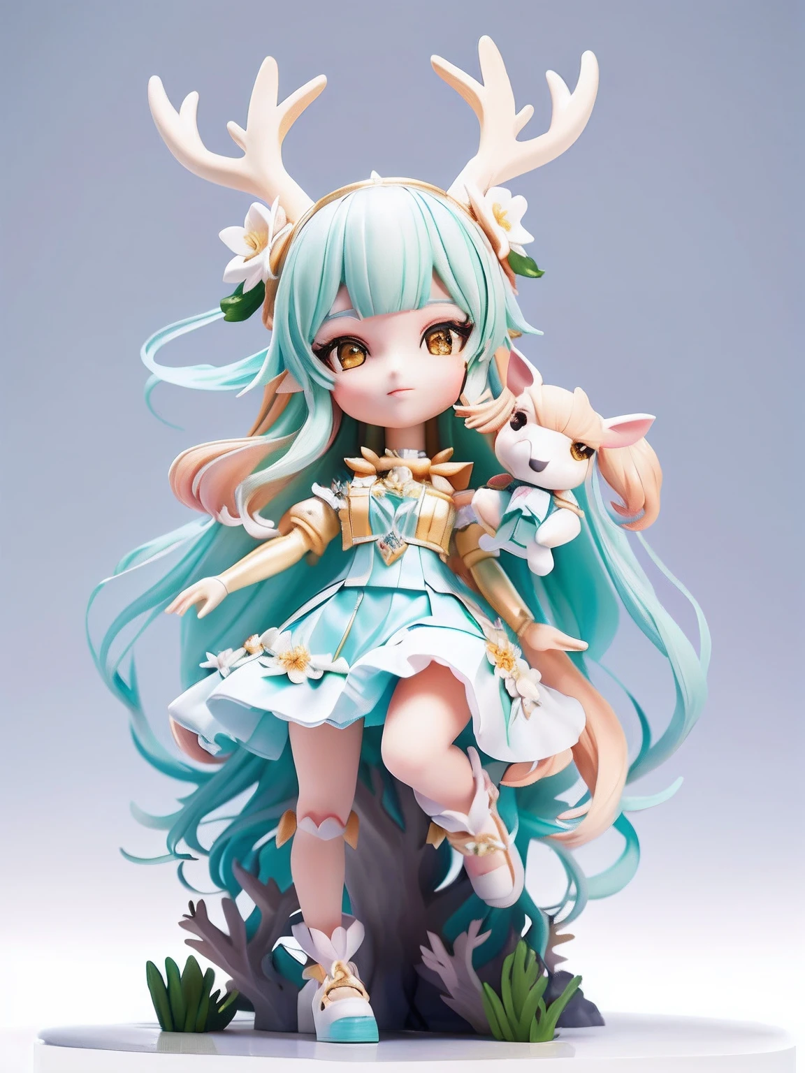 Close-up of deer head doll on a reef by the sea, Stylized anime, There are small fish around,render of a cute 3d anime girl, cute 3 d render, anime styled 3d, cute character, elf girl wearing an flower suit, trending on cgstation, character design contest winner, Cute! C4D, 3 d render official art, high quality character design,