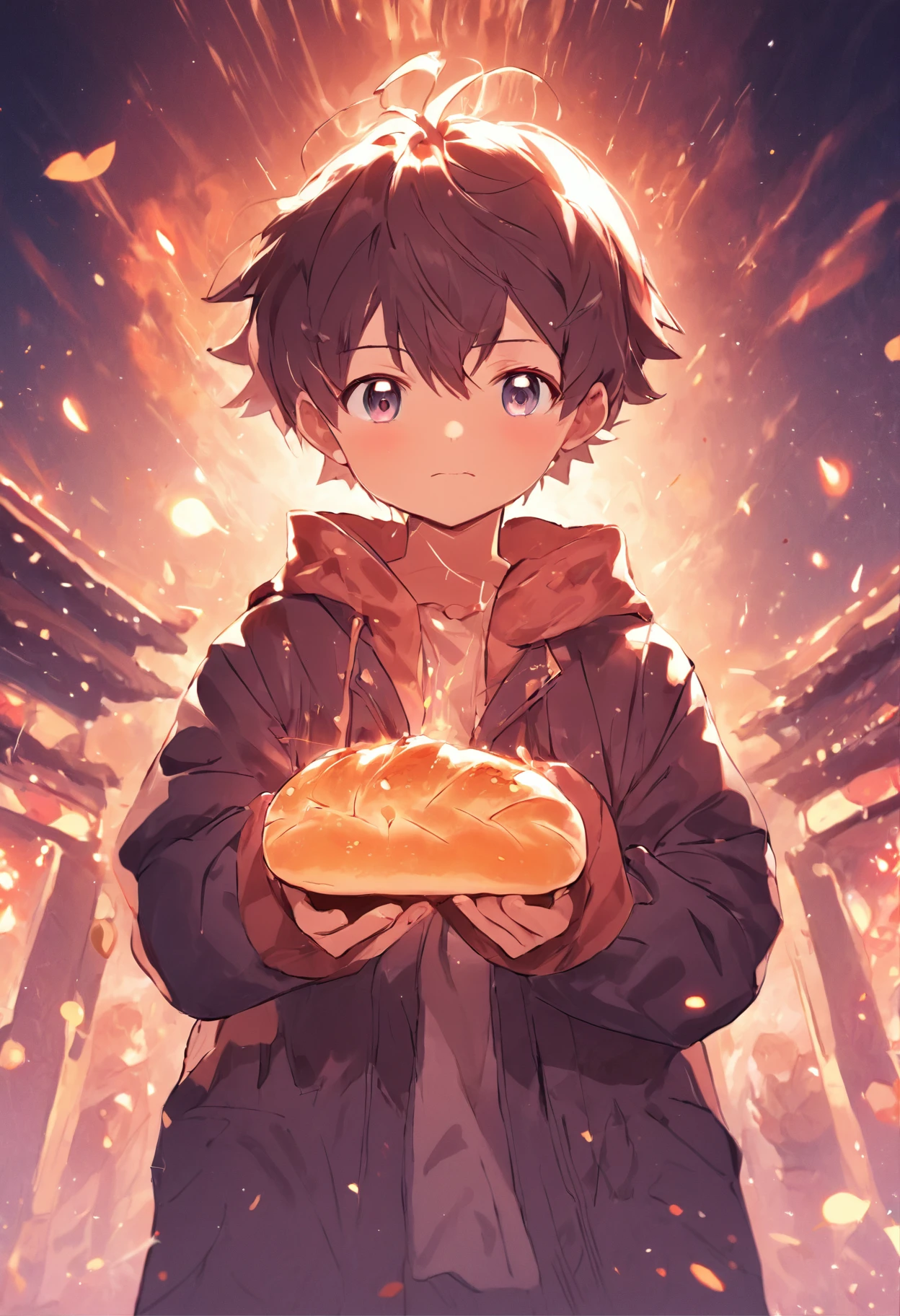 a cute boy,Bread in hand。