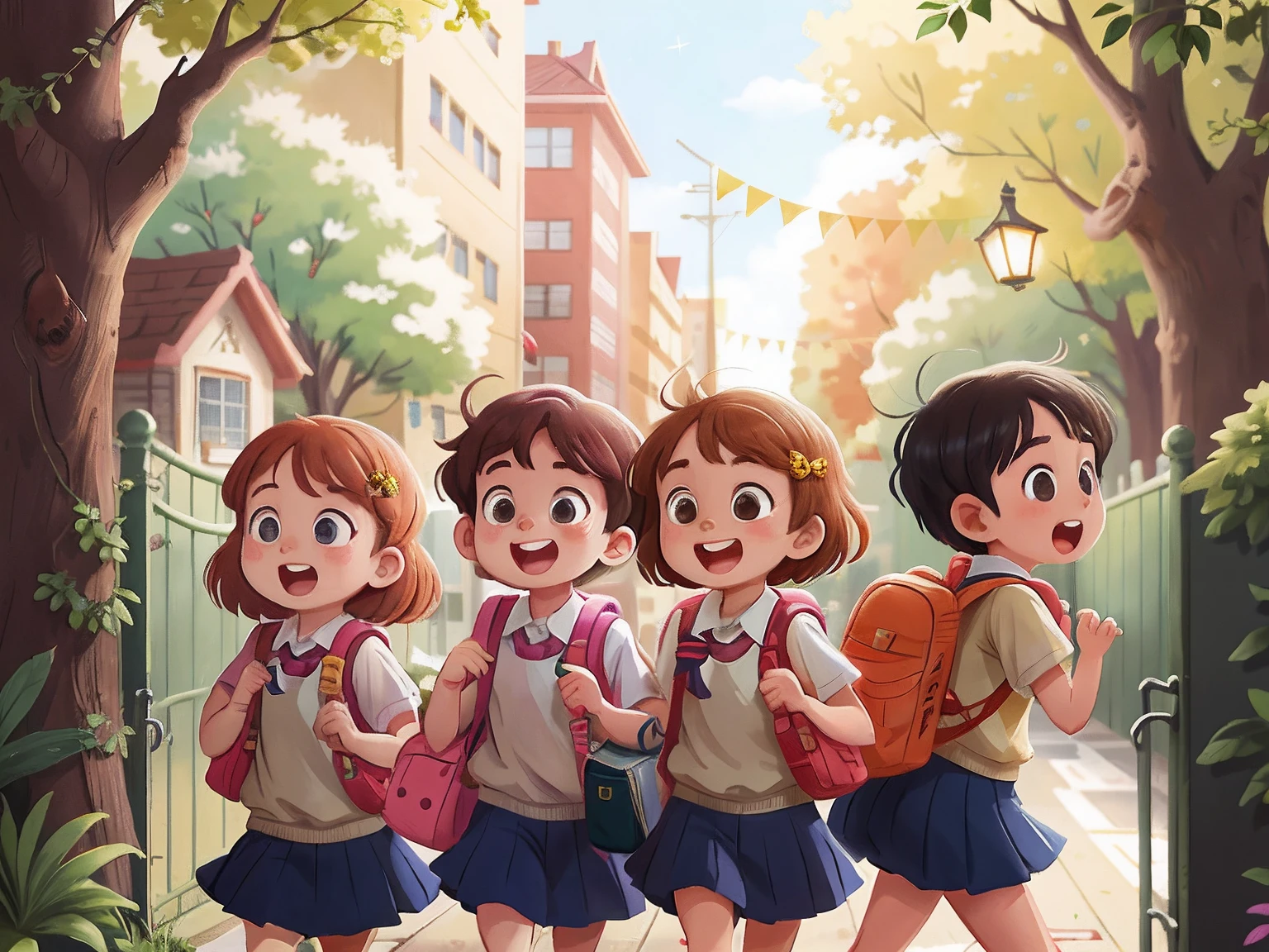 A group of schoolchildren,Carry your schoolbag to school,At the school gate,cheerfulness,Perfect quality,Clear focus(Clutter - home:0.8), (tmasterpiece:1.2) (realisticlying:1.2) (Bokeh) (best qualtiy) (detailedskin:1.3) (complexdetails) (8K) (detailedeyes) (Sharp focus),(having fun)