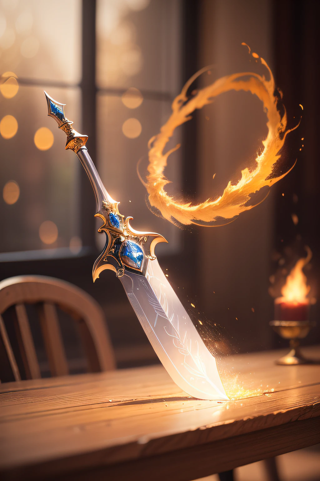 A beautifully detailed image of an enchanted sword lying on a table, glowing with magical energy. The blade, gleaming with a soft, warm light, curves and twists as it stretches from hand to hand, creating a mesmerizing, ethereal trail of swirling flames. The surrounding room is bathed in a warm, golden light, casting a warm glow on the item. macro lens, golden hour, soft lighting