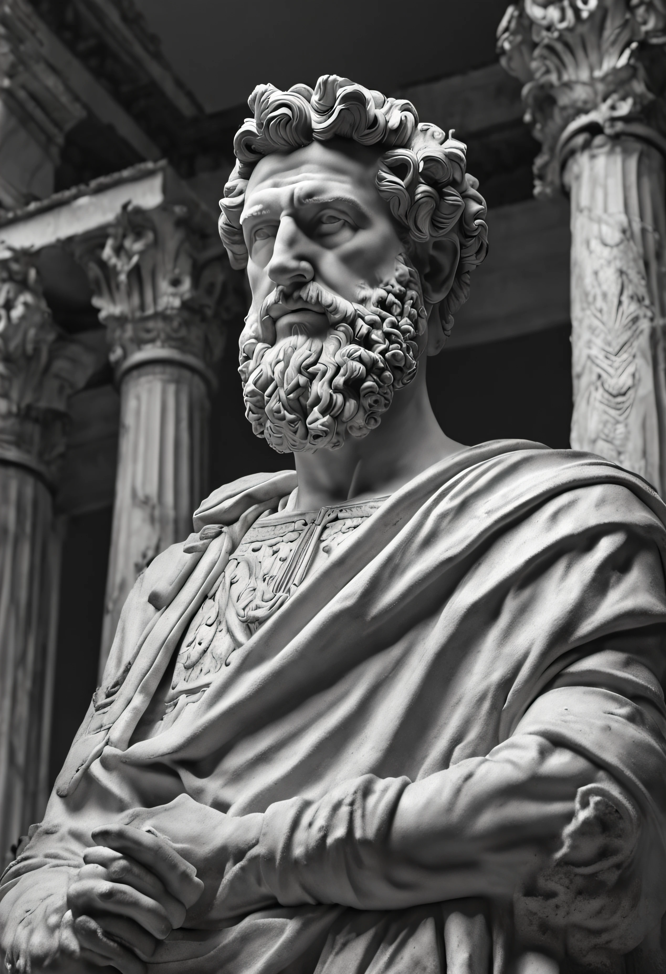 a portrait statue of the stoic Marcus Aurelius in black and white 4K,Face de lado, super realistic photographic wallpaper 1920x1080