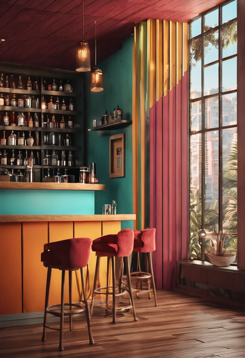 bar desfocado ao fundo, wide vision, com uma mesa de madeira, cores quentes high detail, photorealistic