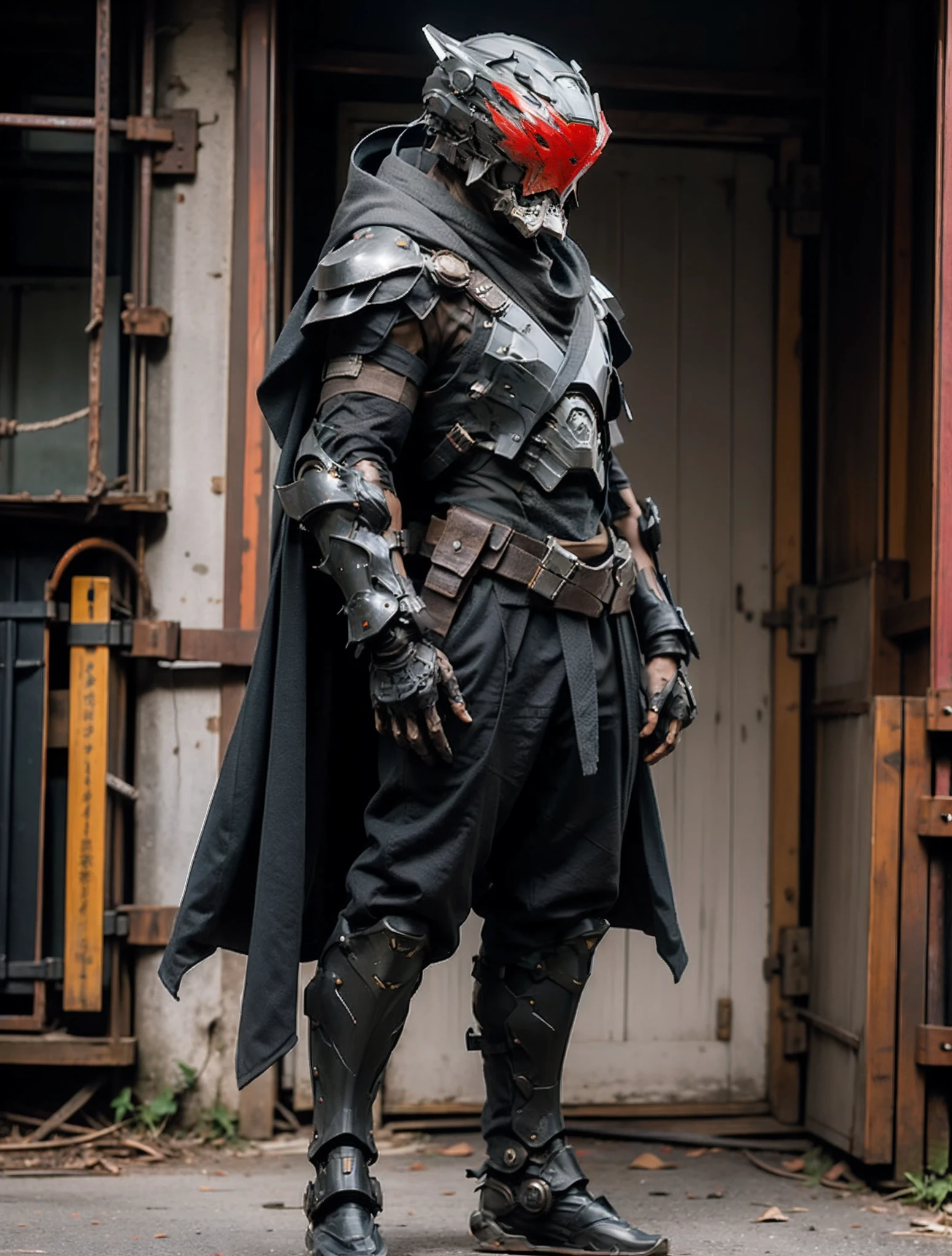 Ninja in futuristic armor, Stable diffusion helmet with metal wolf mask