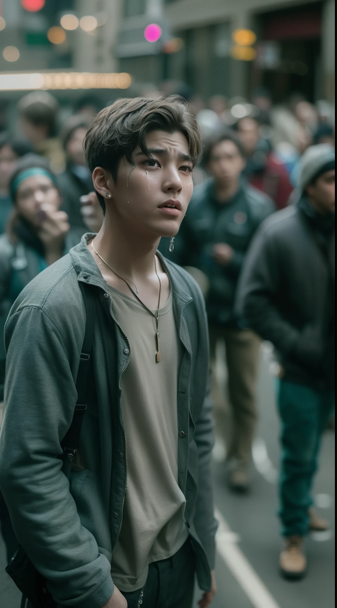 In the streets of New York, pointing the camera at me with an iPhone, in the middle of a crowd, standing in the middle of the road, lonely young man (BTS), sad expression (tears falling from his eyes), looking at camera, high resolution, high quality, photo Realistic, unparalleled beauty, delicate details, accurate human anatomy, natural, 16K, cinematic