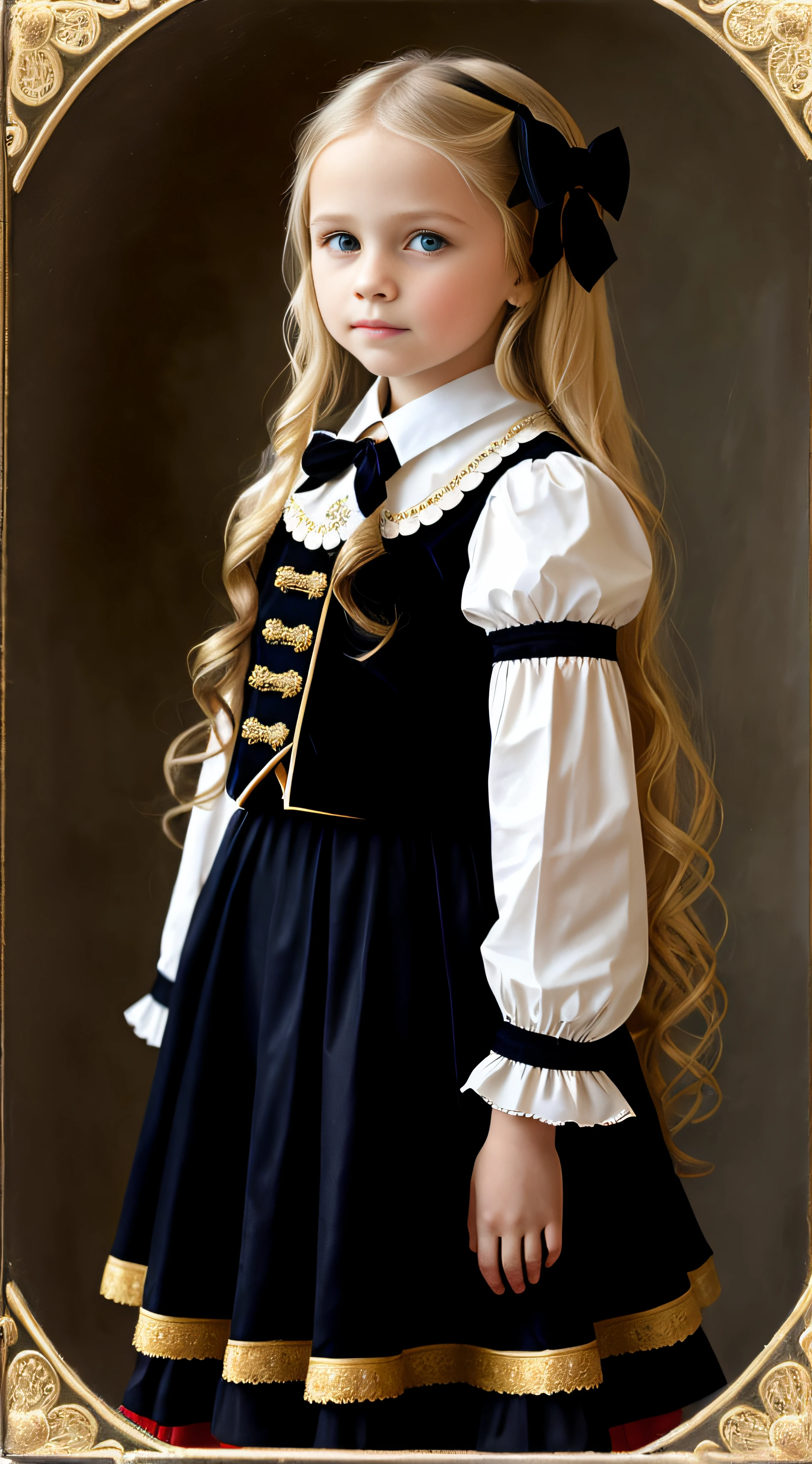 Russian, , Portrait , Long blonde hair and bow,Layered skirt,Noble,opulent,cropped shoulders,Lace