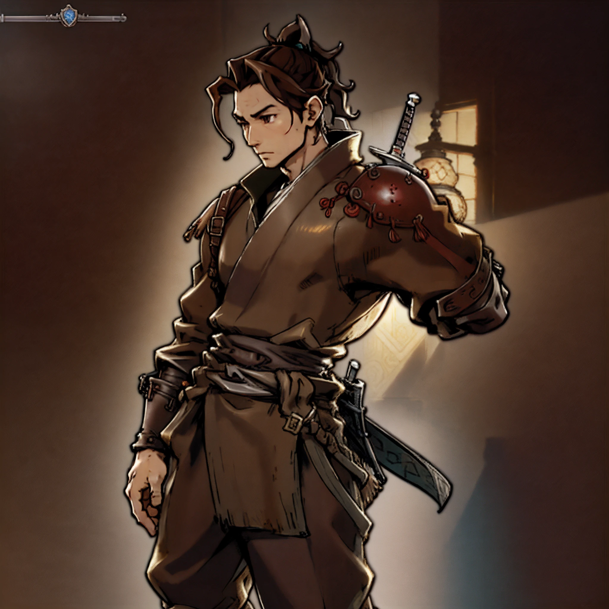 Game Art design, Octopath Traveler 2, 1boy, hikari ku, (solo:1.4), brown hair, ponytail, samurai warrior wearing a katana on his waist belt, japanese clothes with ornaments, yoroi, extremely detailed face and eyes, absurdes