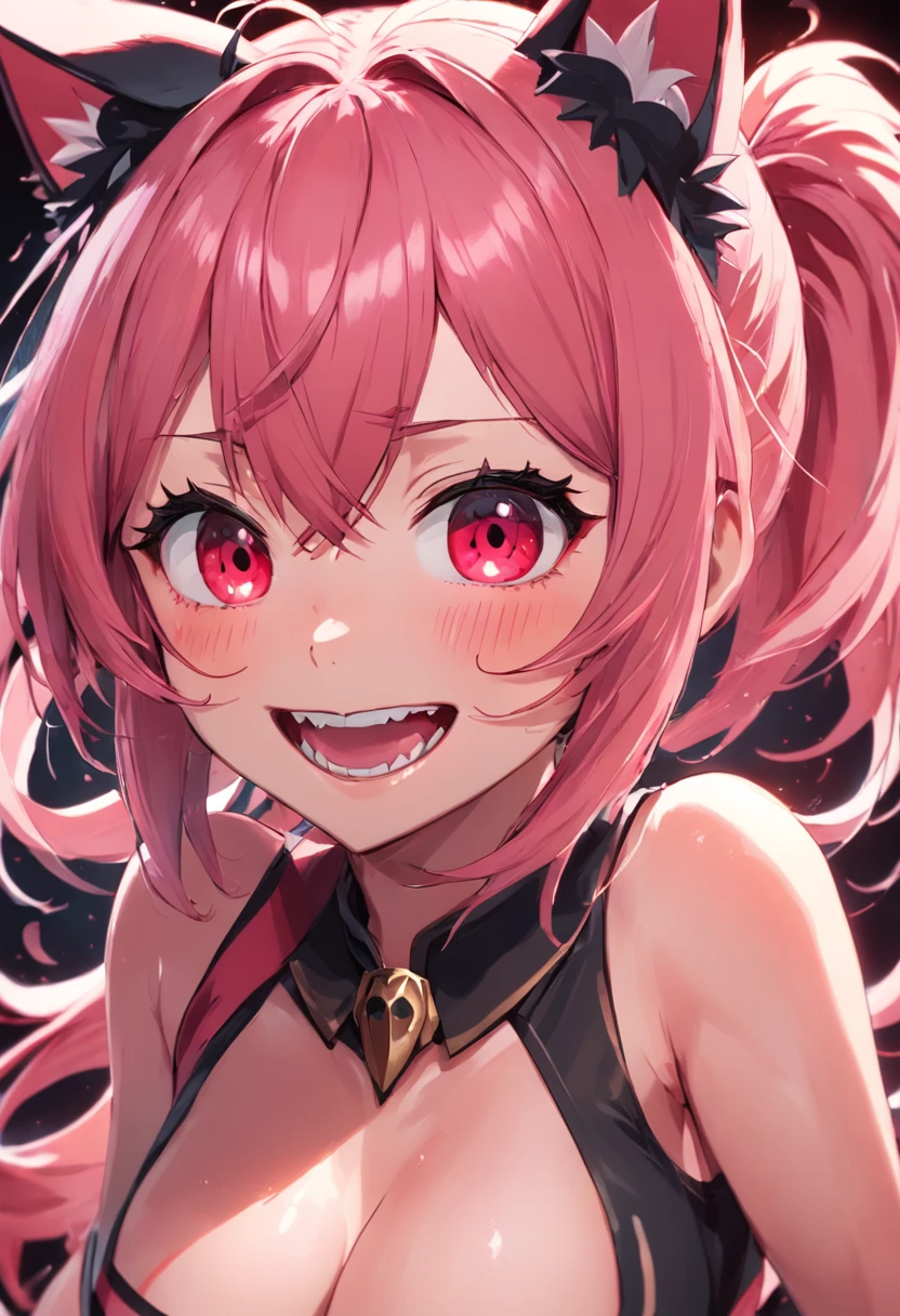 long eyelasher, Light smile, Ear blush, Fang, Striped hair, beast ear, @ @, Titillating, kemonomimi mode, bite lips, Be red in the face, Nosebleeds, verbal invitation, surrealism, shadowing, anaglyph, tachi-e, angle of view, Atmospheric perspective, f/2.8, anime big breast, Anime style, Super detail, ccurate, Best quality, hyper HD, 16k