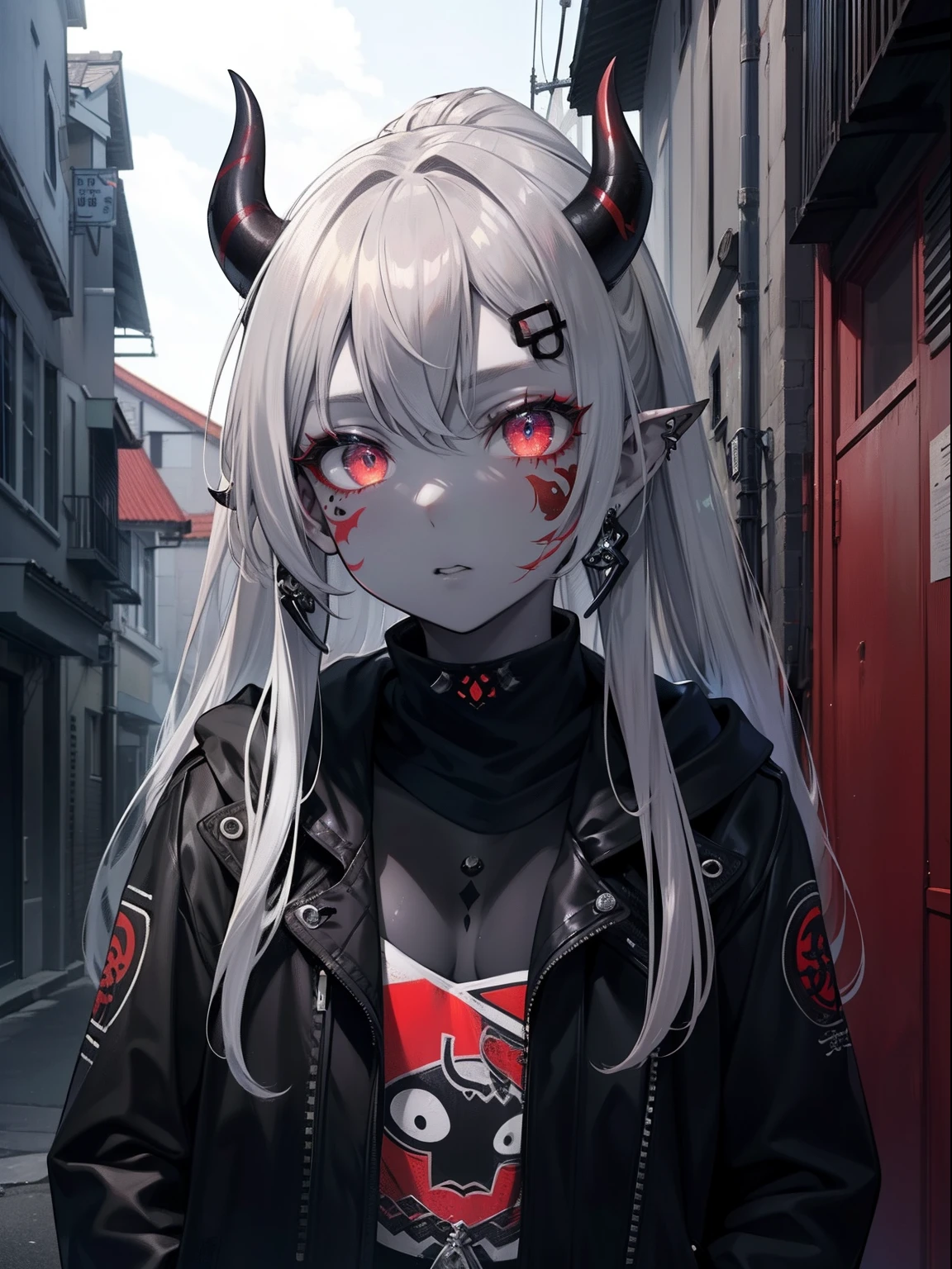 (Masterpiece, Best quality, ultra high resolution),1girl,redhead,oni horns,oni girl,face tattoo,(colored skin,grey skin,gray skin tone),black jacket,rock punk fashion, beautiful and detailed face, detailed eyes,in an alleyway,(grey theme)