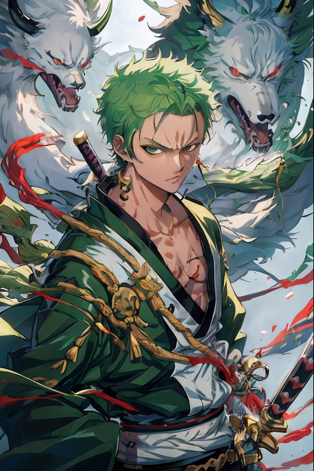 Close up portrait of a green-haired person holding a sword, Roronoa Zoro, 4 k manga wallpaper, badass anime 8 K, from one piece, handsome guy in demon slayer art, one piece artstyle, anime cover, anime wallaper, anime wallpaper 4 k, anime wallpaper 4k, highly detailed exquisite fanart, Detailed key anime art,The background is a flaming wolf、anime styled