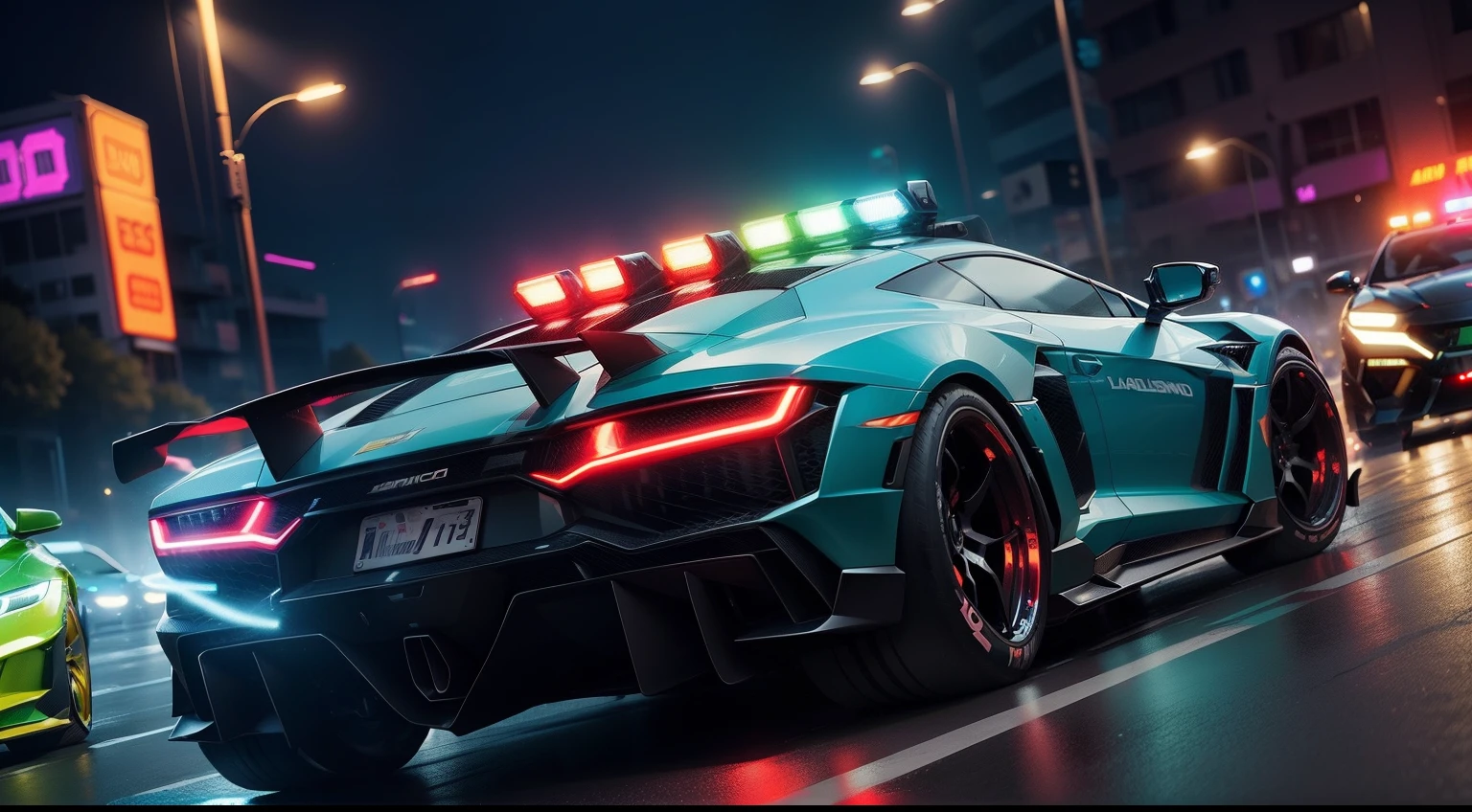 Lamborguini police run at high speed in a neon city at night