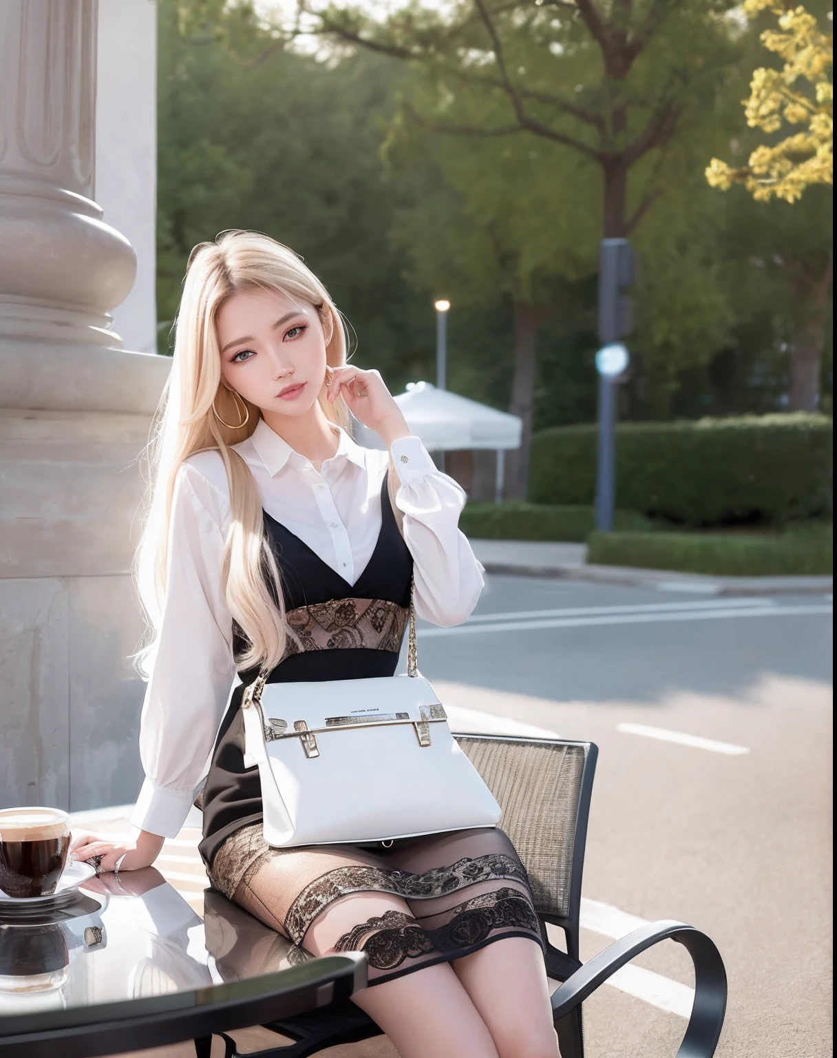NSFW, (8k, best quality, master:1.2), (realistic, photo-realistic:1.37), super detailed, 1 girl, view, cute, beautiful detailed sky, detailed café, evening, sitting, dating, (nose red), sitting at the table, afternoon tea on the table, (smile: 1.15), (shut up) medium chest, beautiful delicate eyes, (collared shirt: 1.1), daytime, sun, professional wear, rain, white lace, (long hair: 1.4), silver NovaFrogStyle, uniform, white skin, movie lights, sunlight, street lights, (av actress: 4), full body shot, (coffee table: 1), (handbag: 1), ulzzang -6500-v1.1:0.3, karinak-4501-6300 :1.2