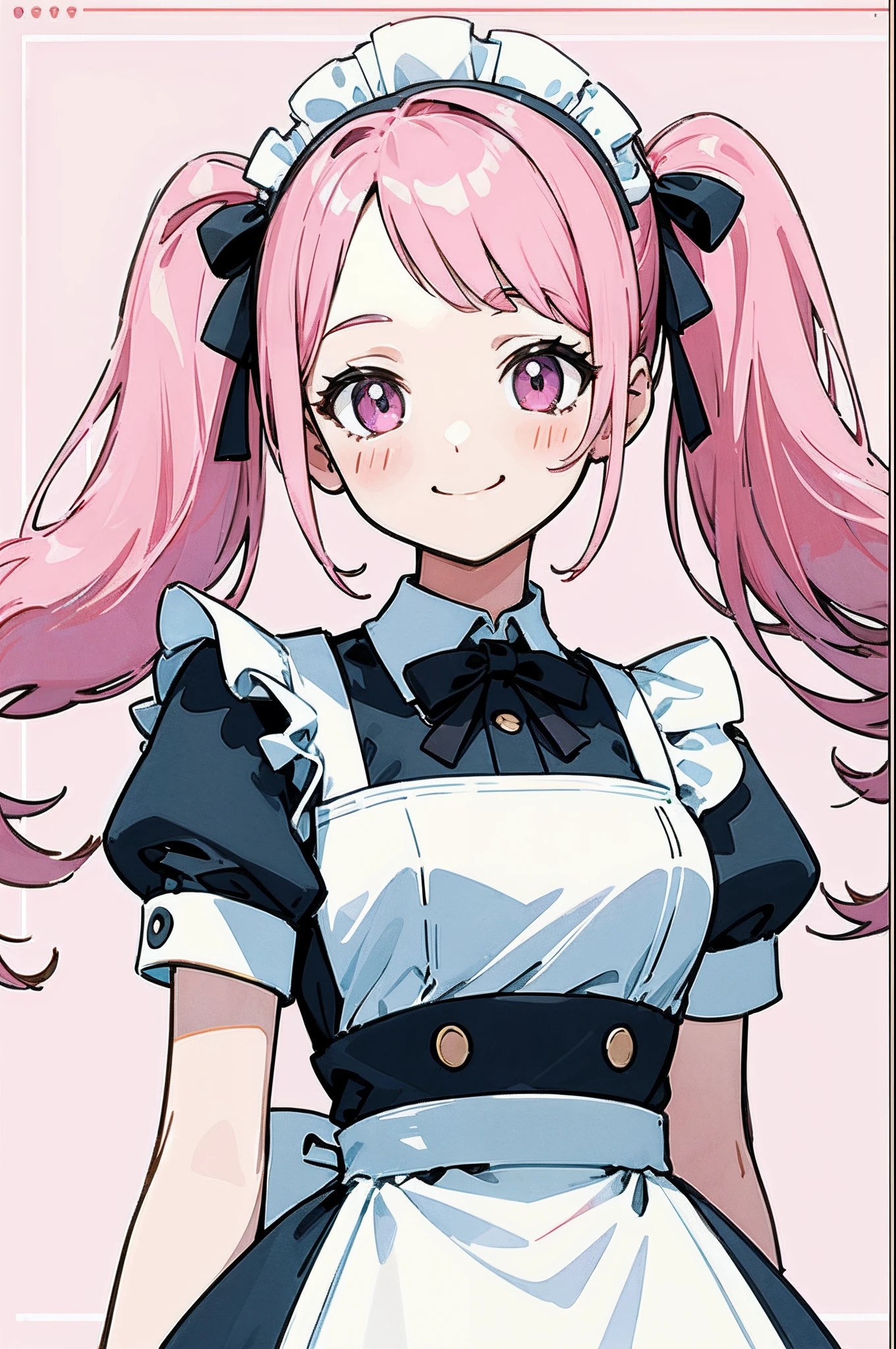 (finely best quality illustration:1.2), (kawaii girl:1.0), (1girl, solo:1.0), (pink hair, twintails:1.0), (maid:1.0), (smile:1.1), (ultra-detailed, highres, 4k:1.0),