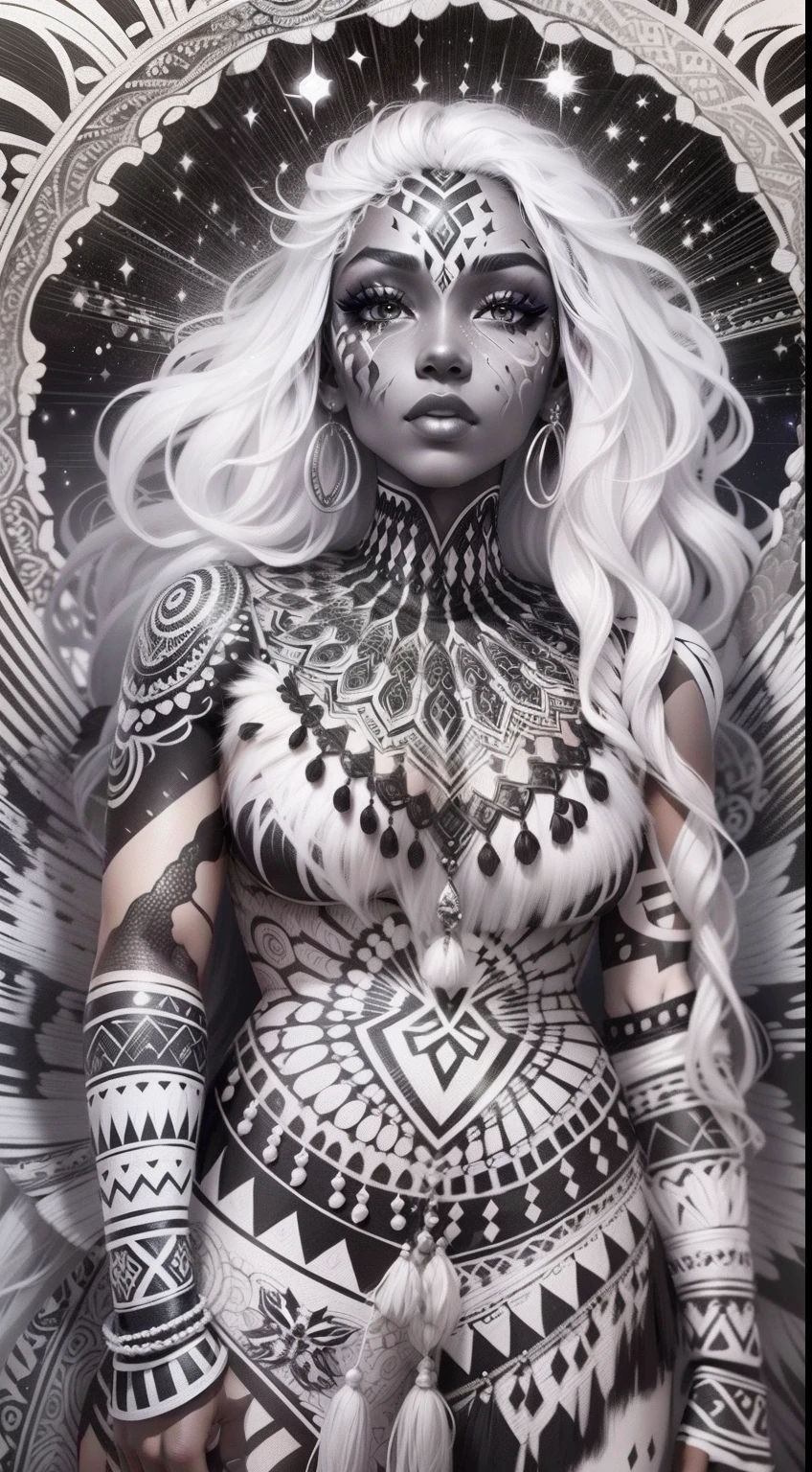colouring book page, black and white, 32k, full body view, very beautiful tribal brown skin girl with excessive intricately detailed vivdly black and white facepaint bodypaint makeup, stunning radiant eyes, gorgeous white hair with highlights, magical night sky background