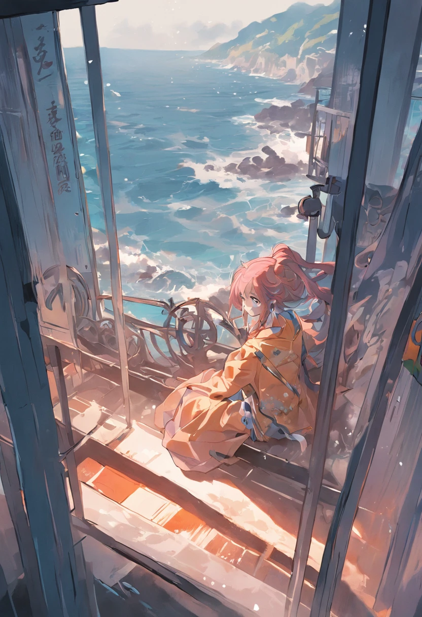 A beautiful maiden sits on the edge of the bed looking out the window at the sea,The sea is filled with nuclear wastewater discharged from Japan