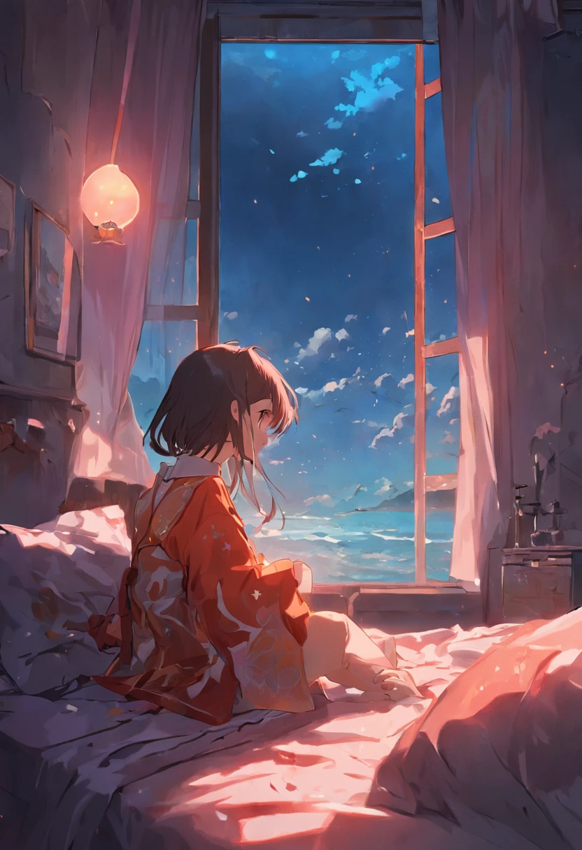 A beautiful maiden sits on the edge of the bed looking out the window at the sea,The sea is filled with nuclear wastewater discharged from Japan