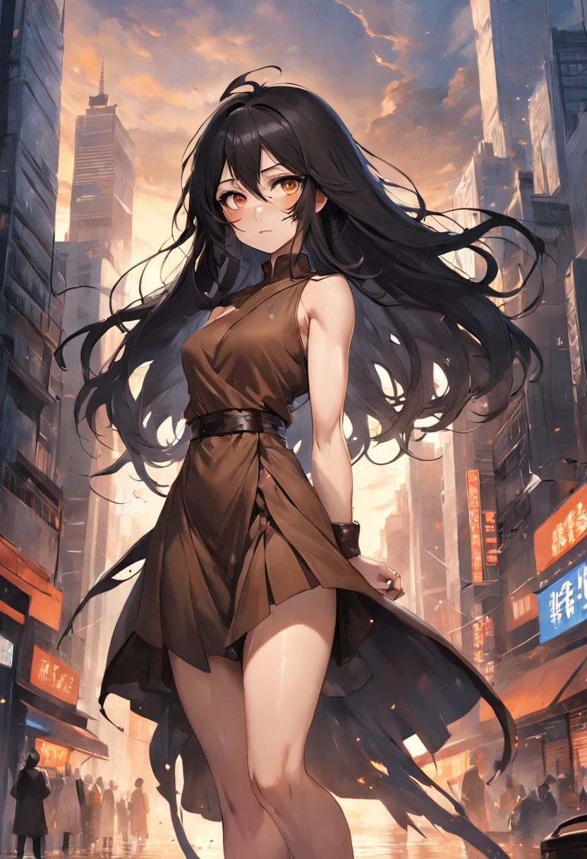 An adult female in a city,Has long and silky black hair in messy layers, Warm brown eyes reflect compassion and kindness. Her confident demeanor and elegant figure exude elegance,Stand in front of an impressive city background. Wear a delicate dark brown office dress and gladiator heels, Face the winds and weather of the apocalypse,She remains steadfast. Realistic imagery captures her captivating presence in the midst of chaos, Sparkling eyes draw viewers into a compelling visual narrative of strength and determination.