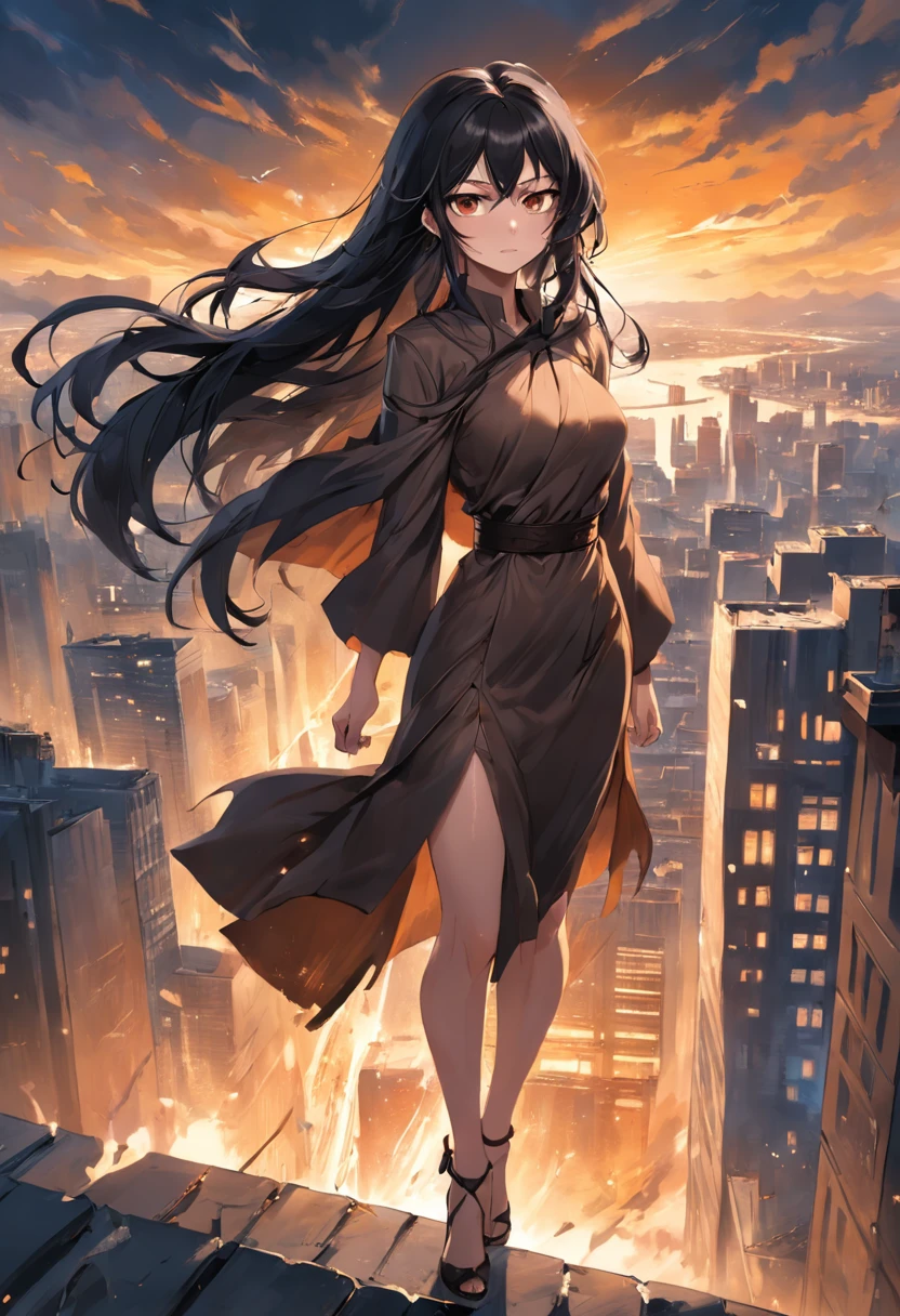 An adult female in a city，Has long and silky black hair in messy layers, Warm brown eyes reflect compassion and kindness. Her confident demeanor and elegant figure exude elegance，Stand in front of an impressive city background. Wear a delicate dark brown office dress and gladiator heels, Face the winds and weather of the apocalypse，She remains steadfast. Realistic imagery captures her captivating presence in the midst of chaos, Sparkling eyes draw viewers into a compelling visual narrative of strength and determination.