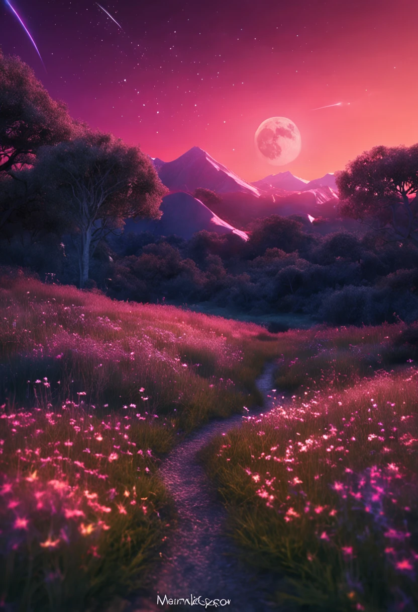 Shooting stars streak across the meadows of the night，The full moon hangs in the sky