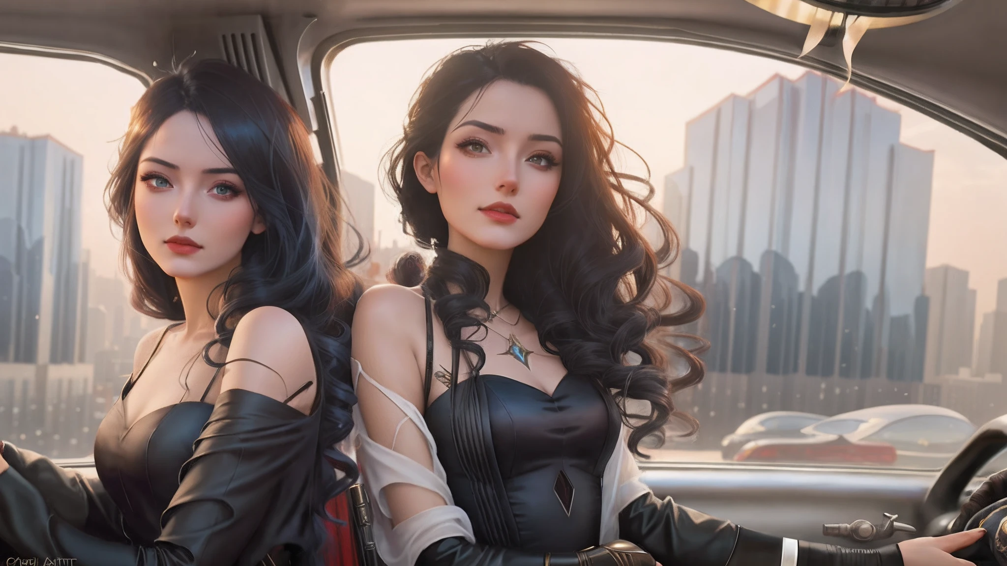 Arad woman in black dress stands on a windowsill overlooking the city, Irelia from League of Legends, Irelia, NeoArtcore和Charlie Bowater(charlie bowater), Artgerm and Atey Ghailan, ross tran and artgerm, alena aenami and artgerm, Style Artgerm, charlie bowater and artgerm