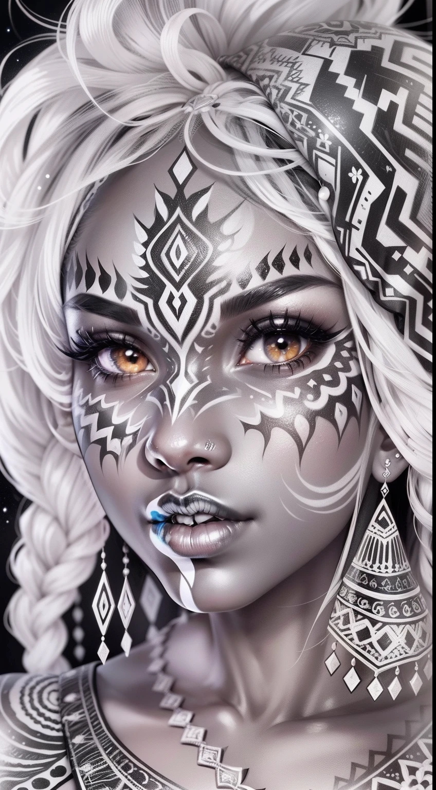 colouring book page, black and white, 32k, full body view, very beautiful tribal brown skin girl with excessive intricately detailed vivdly black and white facepaint bodypaint makeup, stunning radiant eyes, gorgeous white hair with highlights, magical night sky background