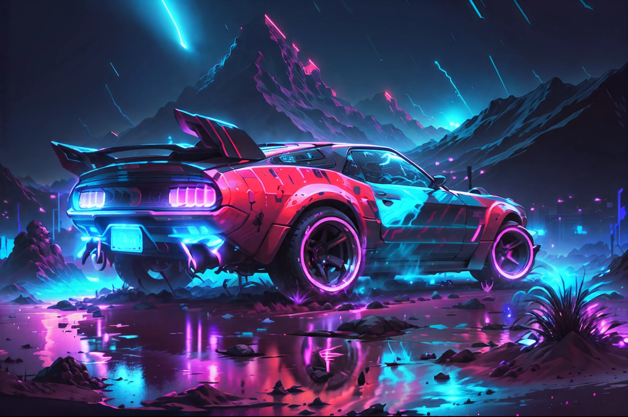 Cartooned retrowave, desert, armored 1969 Mustang in a desert with synthwave inks and neon lights, blade runner 2049 lights style, (masterpiece,detailed,highres), ((glowing rims))
