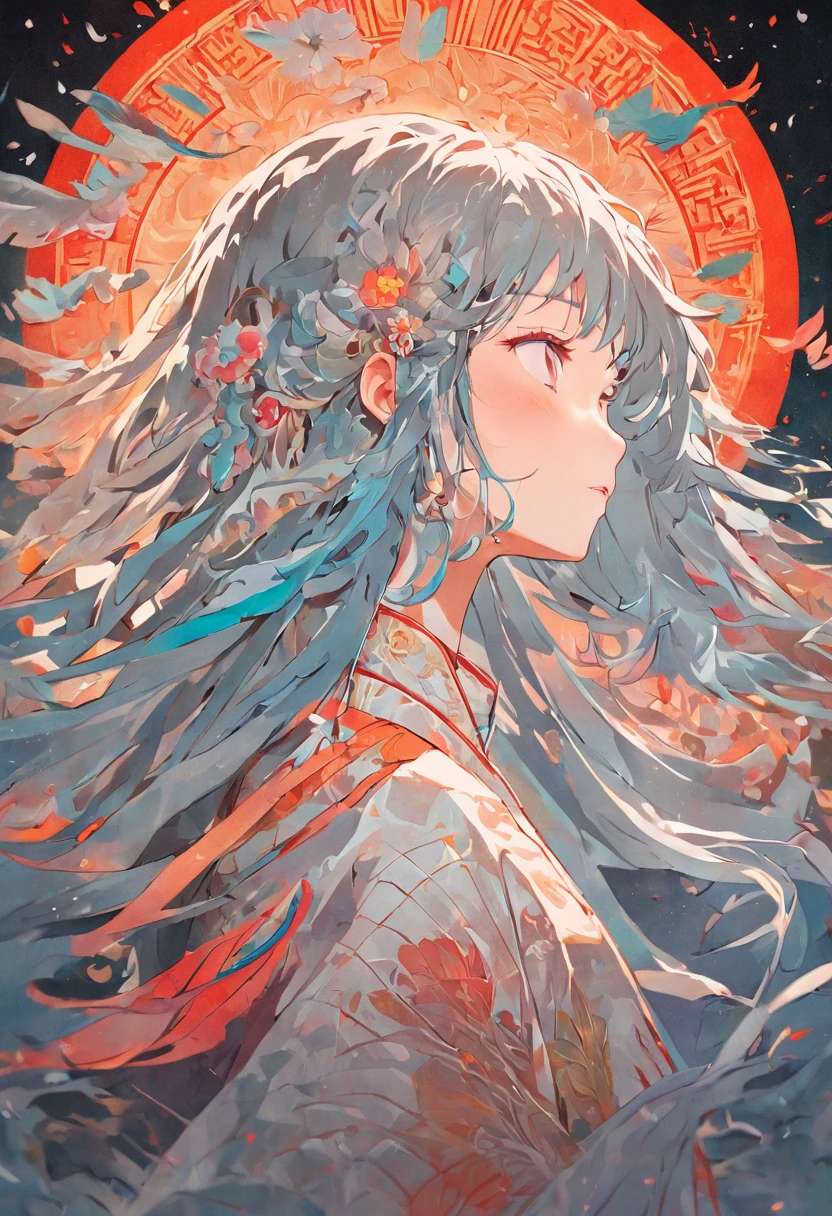 (White background:1.4),(Silhouette of a girl's head, Eyes closed, colorfull long hair, Oriental elements)，(Chinese illustration:1.3，paper art:1.3, Quilted paper art:1.2),( reasonable design, Clear lines, High sharpness,Best quality, Very detailed, Masterpiece, movie light effect, 4K )