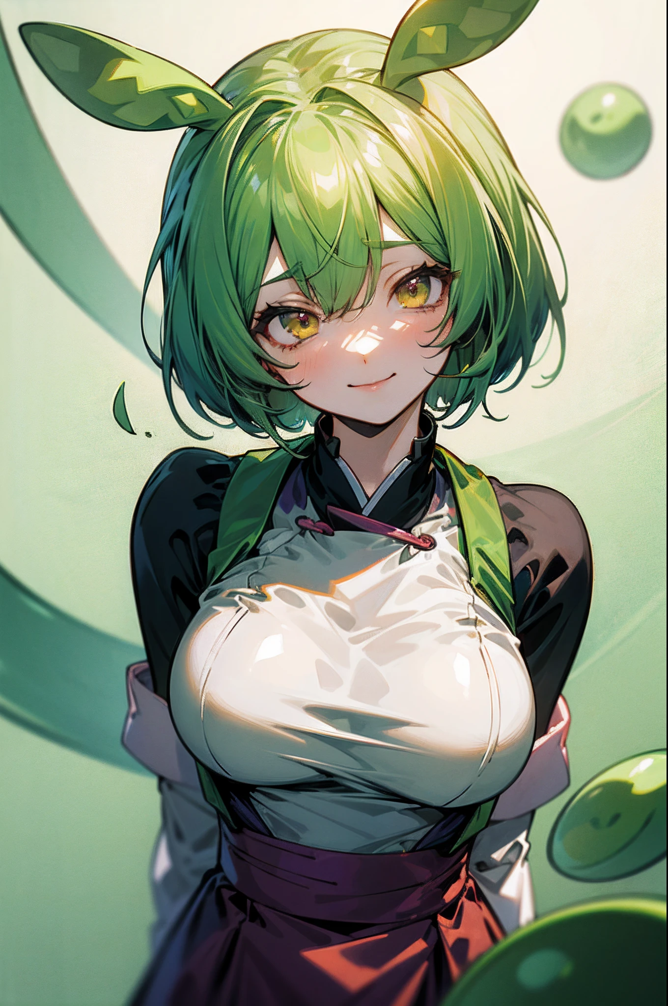 a beauty girl，Yellow-green hair，bobhair、short-hair、Gentle drooping eyes，large full breasts、校服，Manga style，fulcolor，hi-school girl，Calm and gentle face，Big smile、innocent smiles