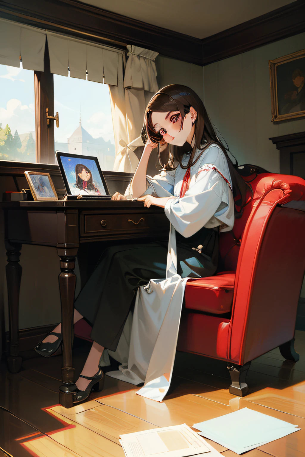 tmasterpiece,Need,The best beautiful girl,Intellectual,mature,Extremely beautiful,World Masterpiece Theatre,super-fine,Need,Need,brunette color hair,A high resolution,Need,1girll,Need,illustratio,looking at viewert,Uninhibited,sobu,desks,Half recumbent,Red sofa,iPad,canvas, oil painted, Photorealsitic, Realist,Real,