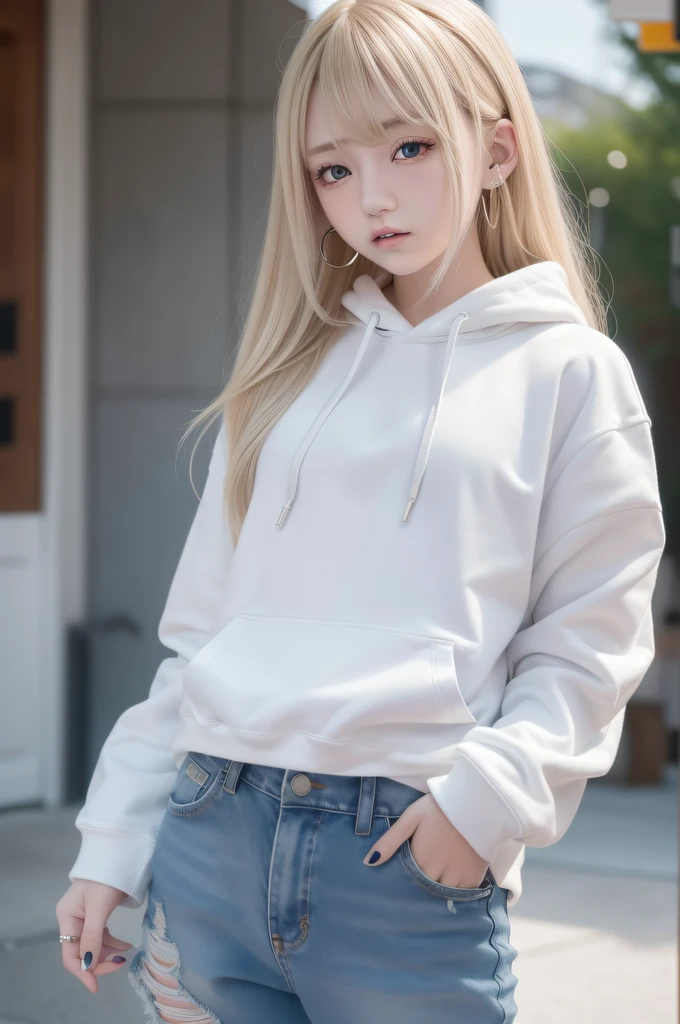 Shibuya Gal, Blonde girl, 18 year old, body piercings, (Best Quality): 1.0), (Ultra HD: 1.0), Beautiful lighting, Perfect Lighting, Realistic Shadows, [High resolution], Detailed skin, Very detailed ((various colors)) Japan dolls, Wolfcut, White hoodie, Jeans Extension Color Pink、piercings