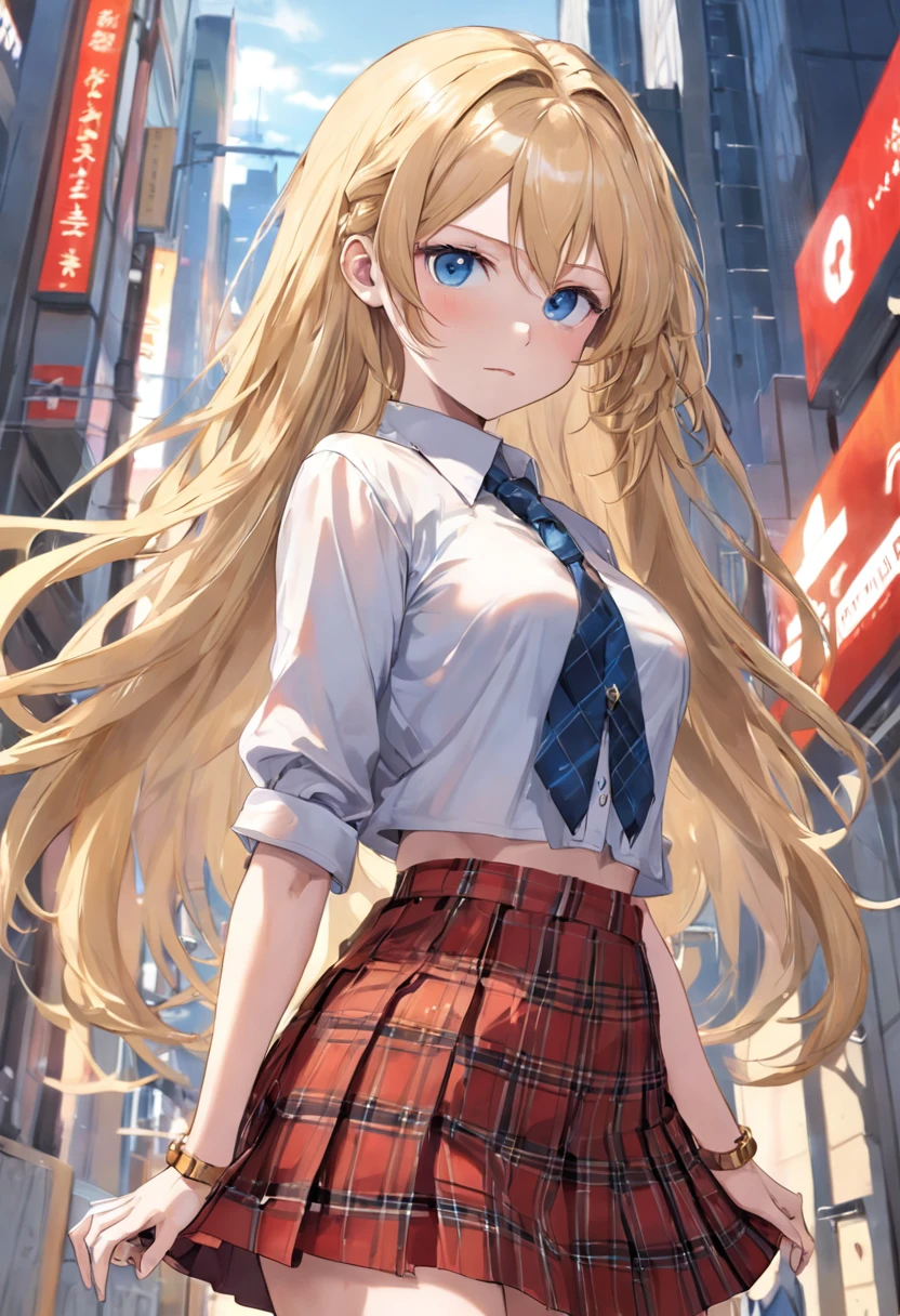 beautiful blonde woman，Long hair and blue eyes, Face at 60% Number of images, Photoreal,tmasterpiece，Need，Long hair all over the body，looking at viewert，Loose tie，tiese，nipple piercing，tartan，plaid skirts，pleatedskirt，red eyes，gyuru，校服，The shirt，a skirt，ssmile，solo，white  shirt，street corner，Skysky，SakuraNS，petals，illustration，（Magazines：1.3），（Cover style：1.3），Fashionab，woman，with dynamism，attire，posing on a，frontage，Colorful，dyna，Background with，element in，self-assured，Expressing the，halter，statement，attachment，A majestic，coil，Runt，Touching pubic area，Scenes，text，Cover of a，boldness，attention-grabbing，titles，Fashionab，typeface，Catchy，titles，more big，smart，modern day，Fashionab，focus-on、Fashionab、