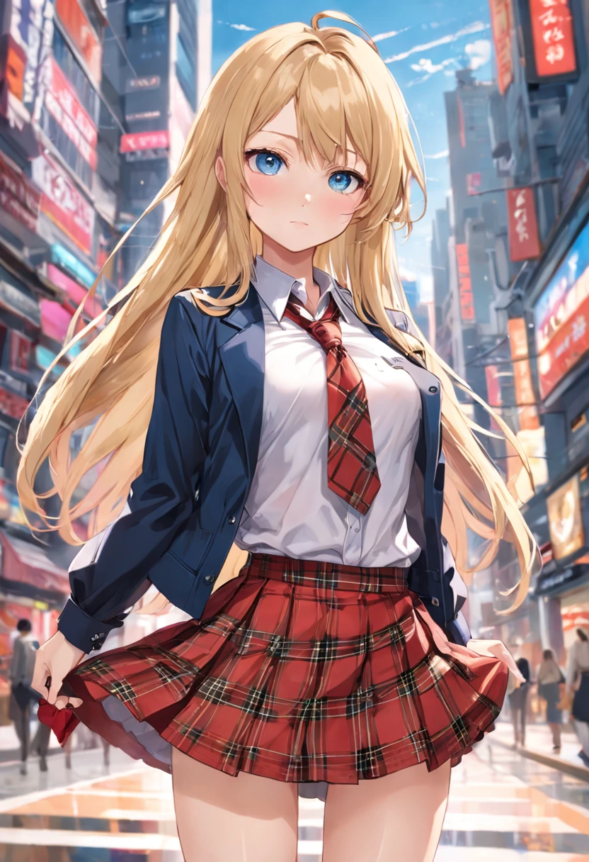 beautiful blonde woman,Long hair and blue eyes, Face at 60% Number of images, Photoreal,tmasterpiece,Need,Long hair all over the body,looking at viewert,Loose tie,tiese,nipple piercing,tartan,plaid skirts,pleatedskirt,red eyes,gyuru,校服,The shirt,a skirt,ssmile,solo,white shirt,street corner,Skysky,SakuraNS,petals,illustration,(Magazines:1.3),(Cover style:1.3),Fashionab,woman,with dynamism,attire,posing on a,frontage,Colorful,dyna,Background with,element in,self-assured,Expressing the,halter,statement,attachment,A majestic,coil,Runt,Touching pubic area,Scenes,text,Cover of a,boldness,attention-grabbing,titles,Fashionab,typeface,Catchy,titles,more big,smart,modern day,Fashionab,focus-on、Fashionab、