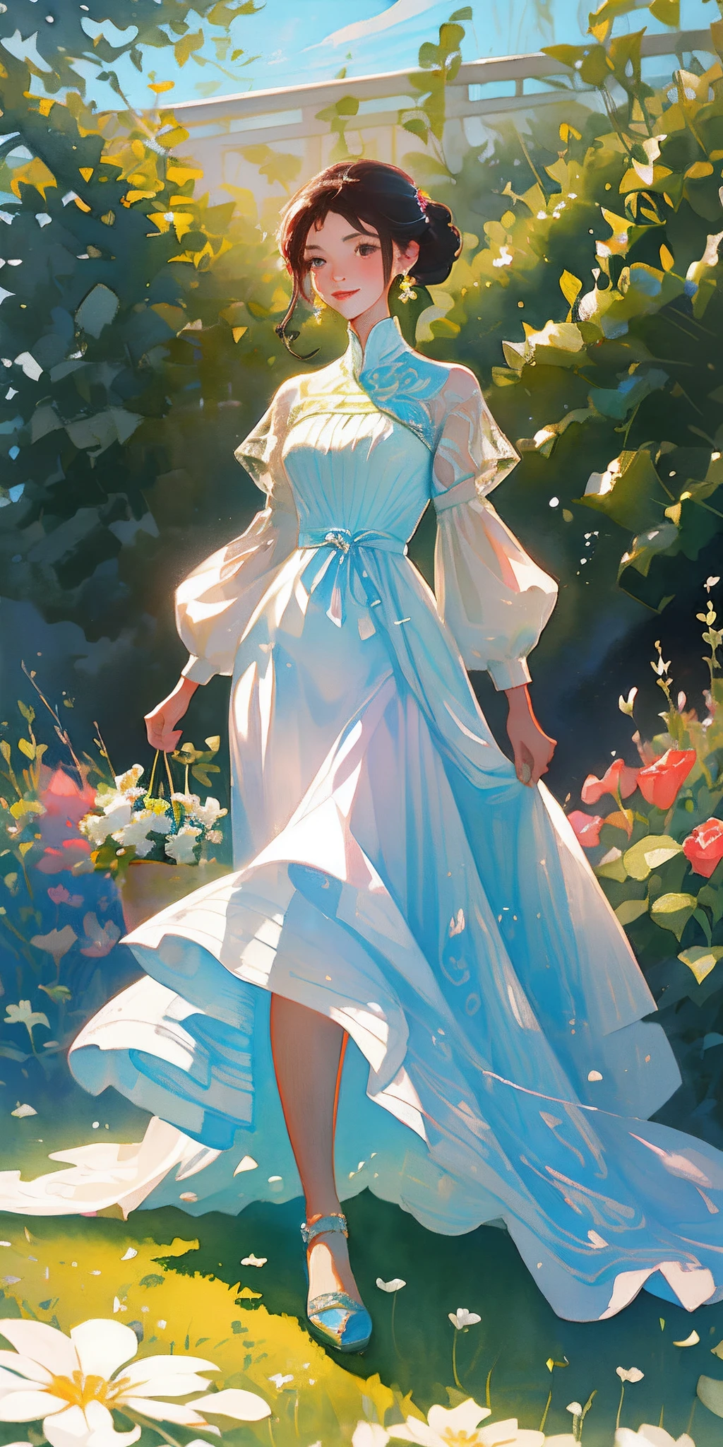 Illustration of a girl, 1 blonde child of "10 years", "happy" in an enchanted flower garden, wearing long dress of braco and blue color, blue sky of clouds, playing with butterflies, beautiful illustration, beautiful UHD 4k art, a beautiful art illustration, art in the style of guweiz, atey ghailan 8K, artgerm and atey ghailan, girl, 1 blonde child of "10 years", wearing long dress of white and blue color, happy in an enchanted flower jadim, playing with butterflies, (butterflies). (best quality, masterpiece), pose, particles, wind, flower, full body, enchanted garden background, looking at the butterflies. --auto