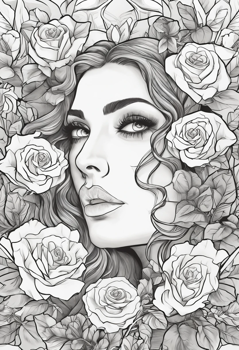 Surrounded by roses, closeup headshot, Dynamic pose, Grayscale illustration, Adult coloring page,The city of Athens