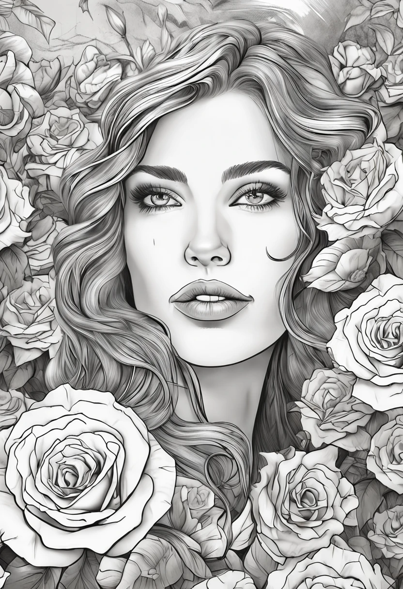 Surrounded by roses, closeup headshot, Dynamic pose, Grayscale illustration, Adult coloring page,The city of Athens