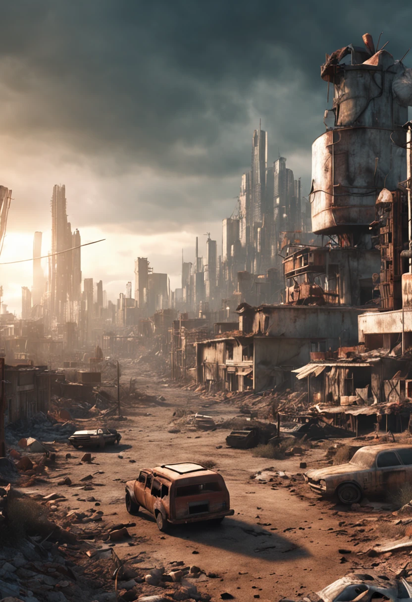 Ruined city, full of bodies of robots, sunset, cloudy sky