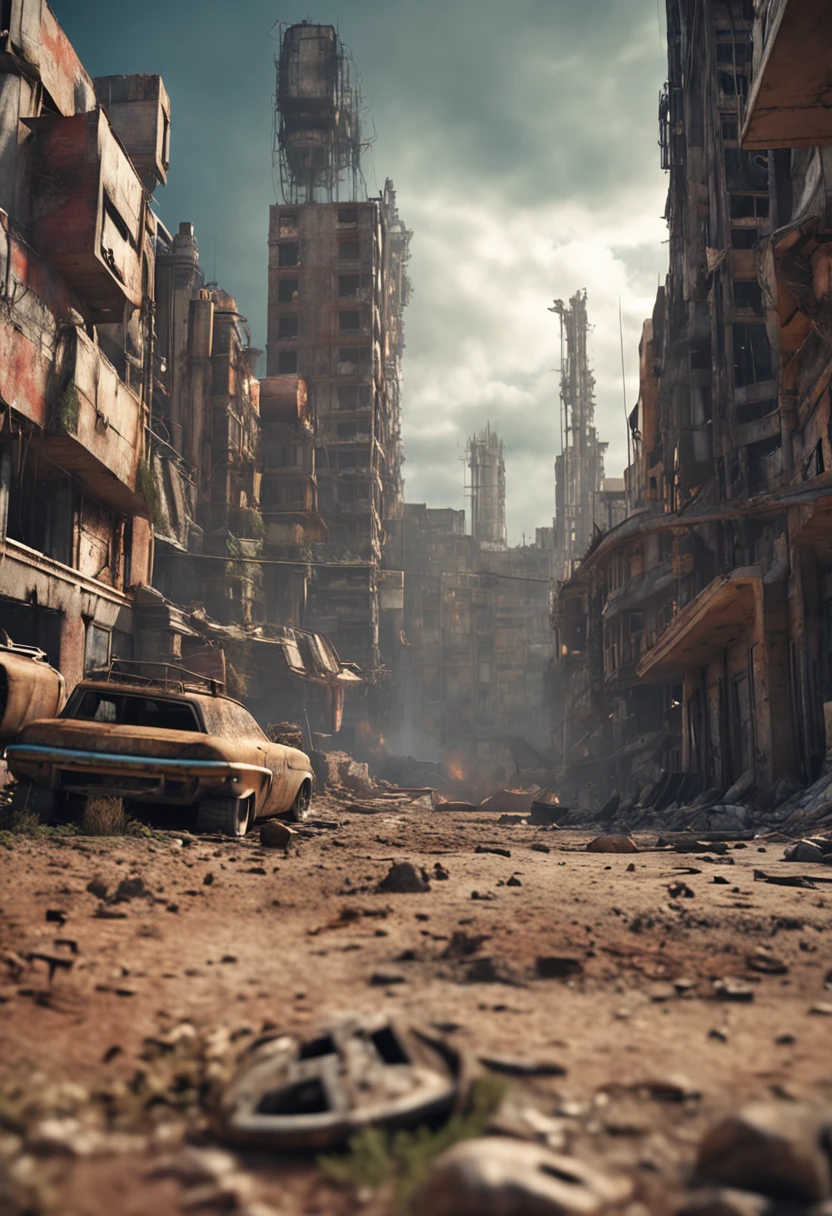 3d render, post apocalyptic wasteland city background, macro panorama, wide panoramic wallpaper, 4k high definition, realistic