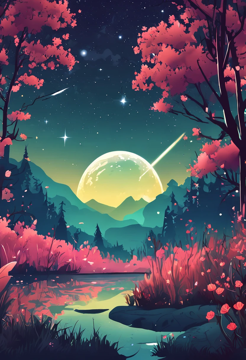 Shooting stars streak across the meadows of the night,The full moon hangs in the sky,There are colorful auspicious clouds,Natural elements of forest theme。Mysterious Forest,Beautiful forest,nigth,naturey,surrounded by flower,Delicate leaves and branches are surrounded by fireflies, There is a lake,The lake is blue