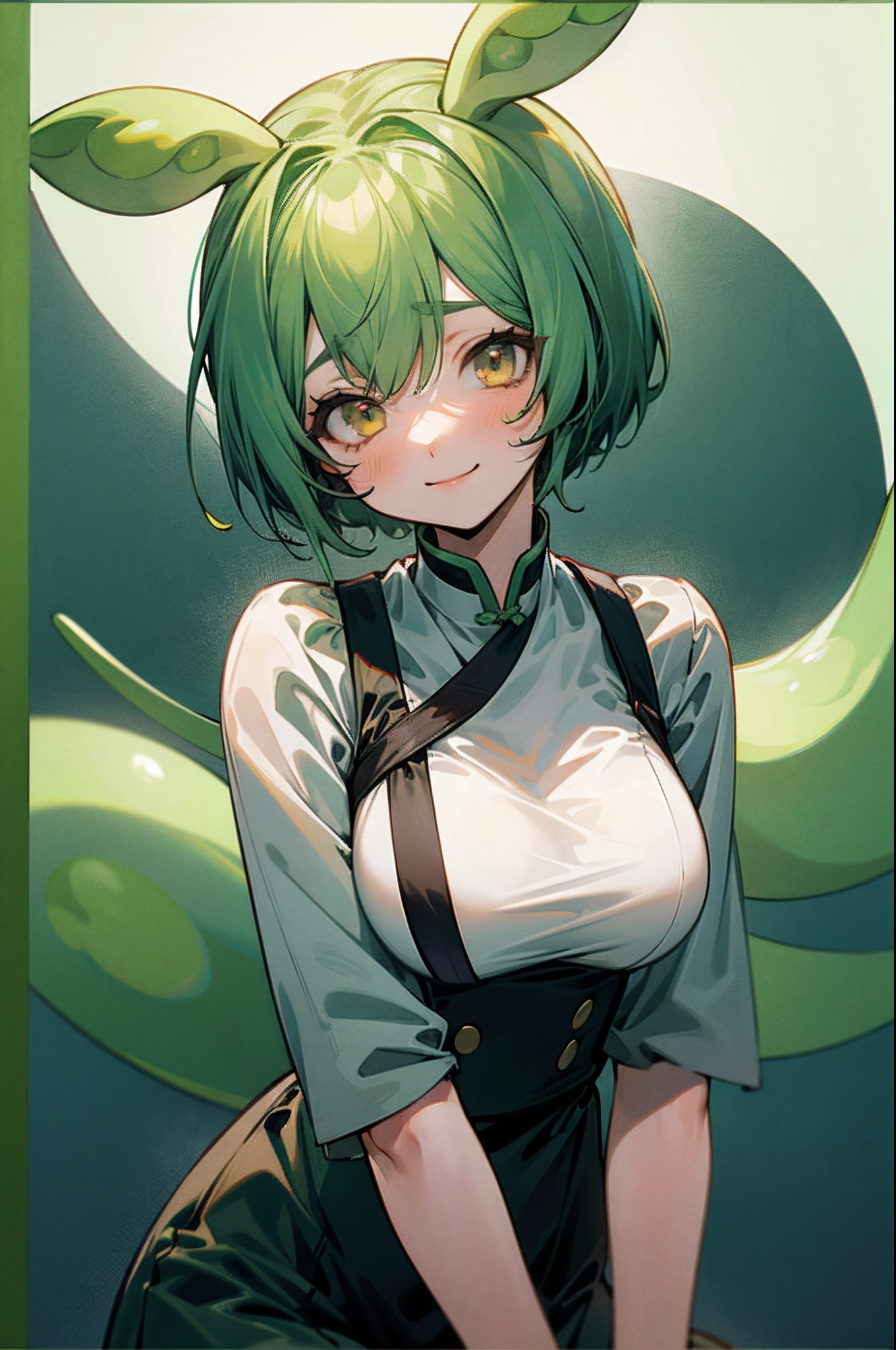 a beauty girl，Yellow-green hair，bobhair、short-hair、Gentle drooping eyes，large full breasts、校服，Manga style，fulcolor，hi-school girl，Calm and gentle face，Big smile、innocent smiles