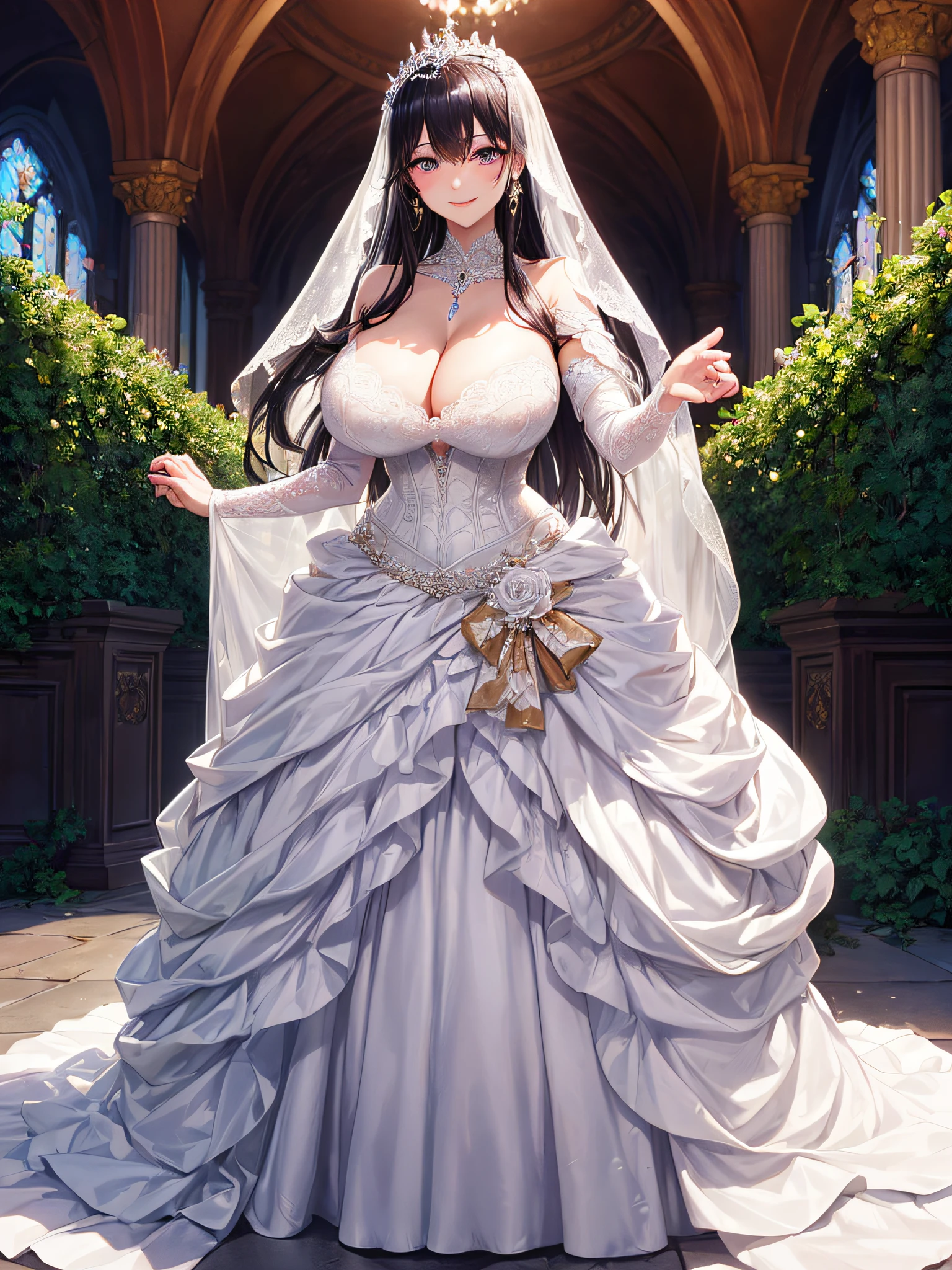 (masterpiece, best quality:1.2),full body,1girl, solo, cute, kawaii, digital art,((1 arrogant queen wearing gorgeous white princess ballgown jeweled wedding dress with voluminous full length hoop skirt)),crinoline,gorgeous embroidery and beautiful lace,(very gigantic boobs,cleavage,skindentation),((shiny hair,Bangs between eyes,voluminous straight hair,extremely Long straight Hair)),black hair,finely detailed eyes,Purple eyes,(haughty smile),arrogant facial expression,haughty facial expression,extremely gorgeousfull jeweled tiara,(bling-bling gorgeous gemstone jewelry),long wedding veil,standing in garden,((gorgeous jeweled white princess ballgown wedding dress with voluminous  full length hoop skirt))