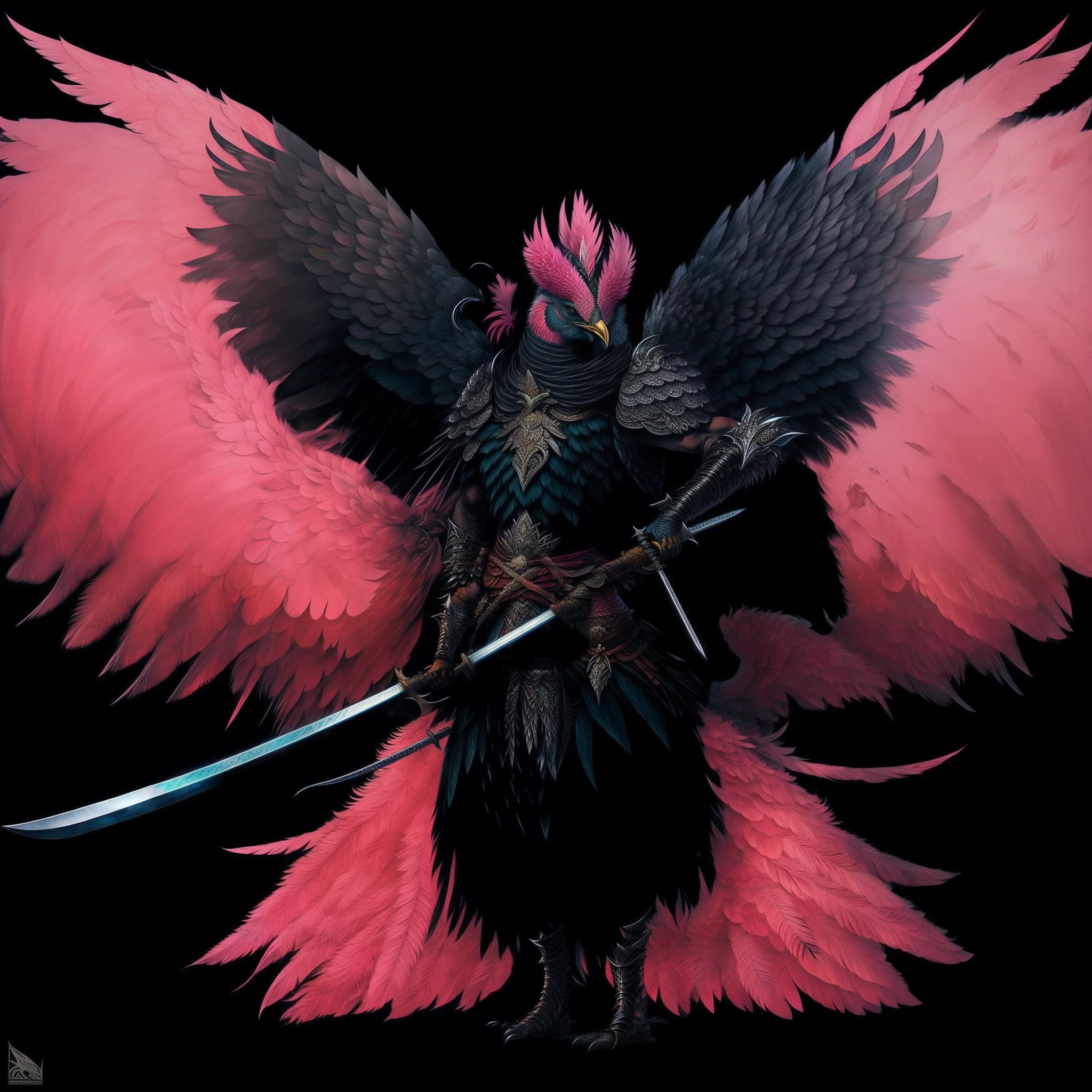 Arafed bird with pink feathers and a sword in its beak, black aarakocra eagle warlord, Modelos de Yasuke 5 0 0 px, avian warrior, masami kurumada, as a badass monster hunter, a phoenix, Pheasant holding a sword, asas de penas escuras, Chega de Heroes Concept Art, Kenku, asas enormes de penas