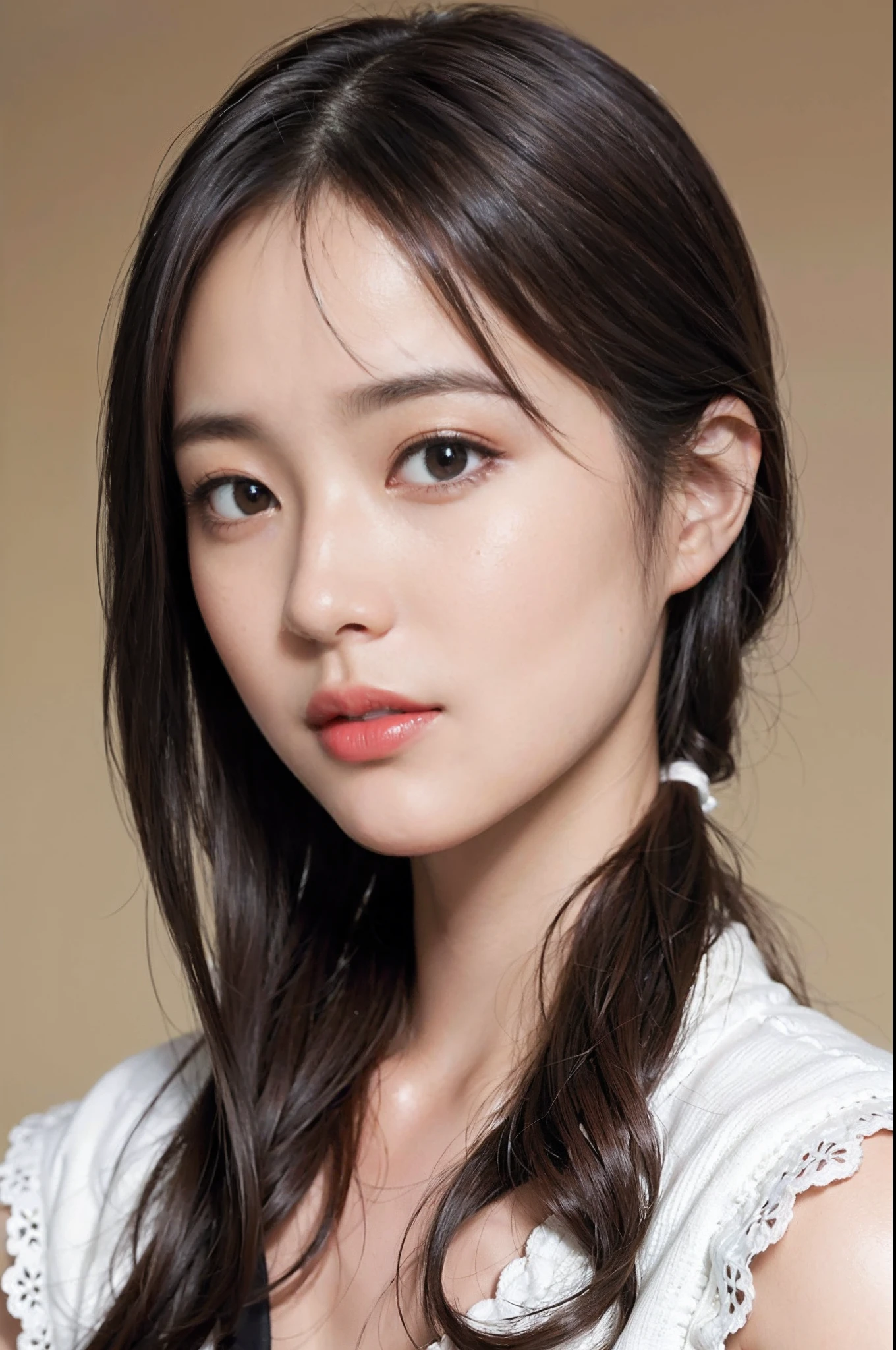 top-quality、​masterpiece、ighly detailed、hight resolution、4K、超A high resolution、detailed shadow、A hyper-realistic、realisitic、dramatic  lighting、1girl、独奏、A detailed face、realisticeyes、real looking skin、robe blanche、maroon hair、dynamicposes、white lace dress、japanes