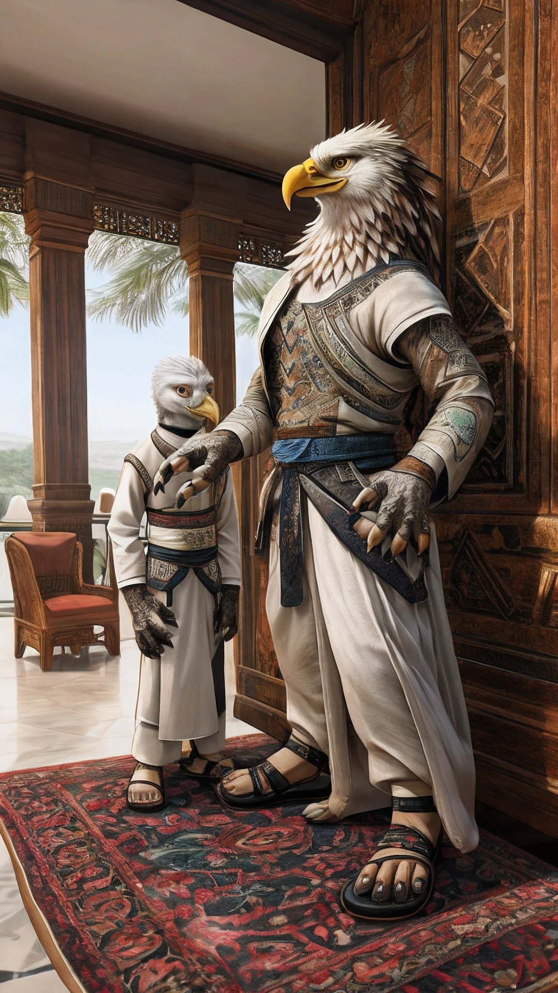 Bionic  eagle，White Dragon，female，White Hanfu，sandals，anthor，Children，Standing on the carpet in the hotel，HD graphics，Detailed and realistic，high detal，high qulity，photo-realistic，photorealistic eye，Detailed paws，Clear eyes，Masterpiece artwork，Five-fingered hands，top-quality，32k，hyper HD