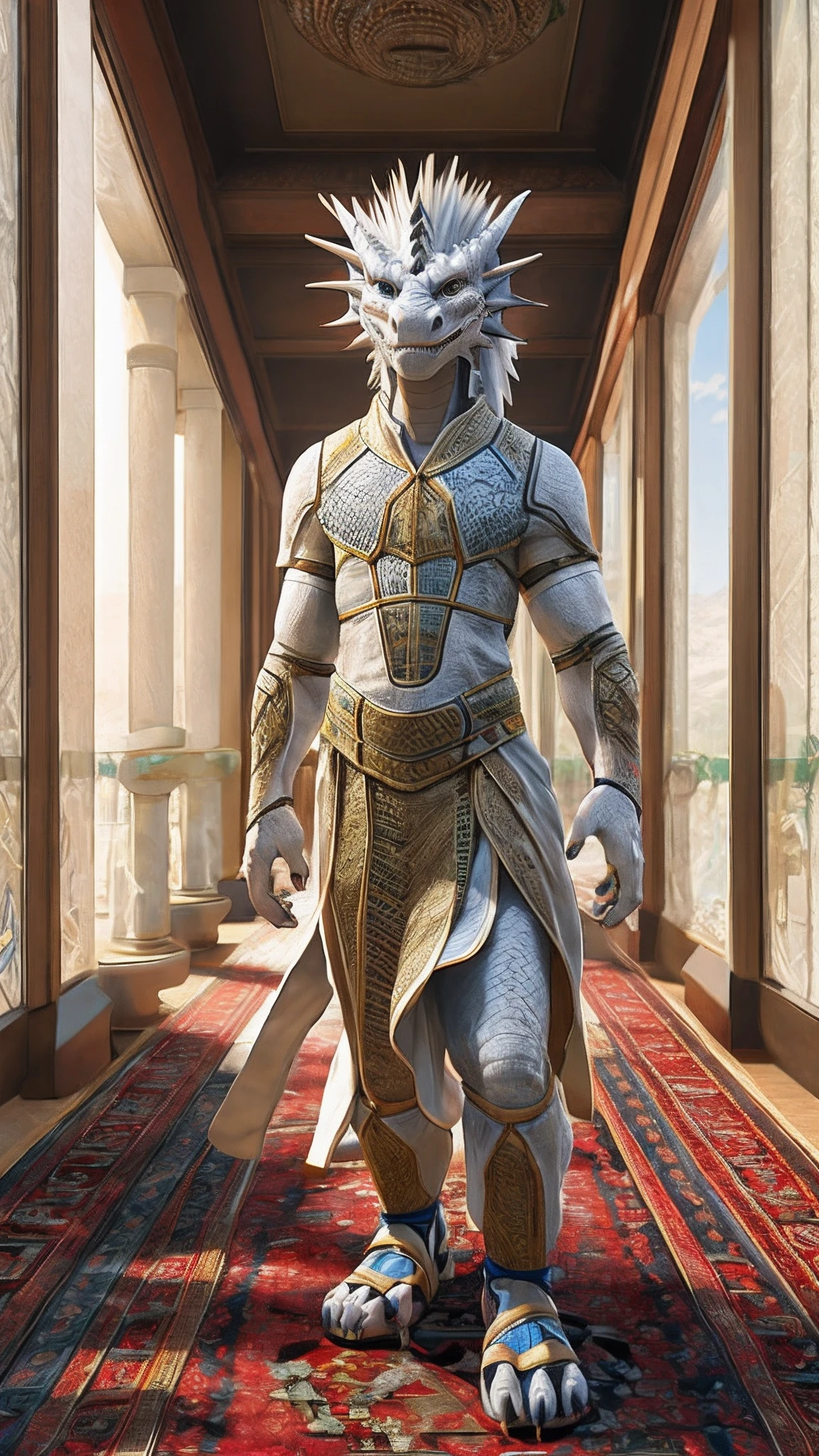 Bionic dragon,White Dragon,female,White Hanfu,sandals,anthor,Children,Standing on the carpet in the hotel,HD graphics,Detailed and realistic,high detal,high qulity,photo-realistic,photorealistic eye,Detailed paws,Clear eyes,Masterpiece artwork,Five-fingered hands,top-quality,32k,hyper HD