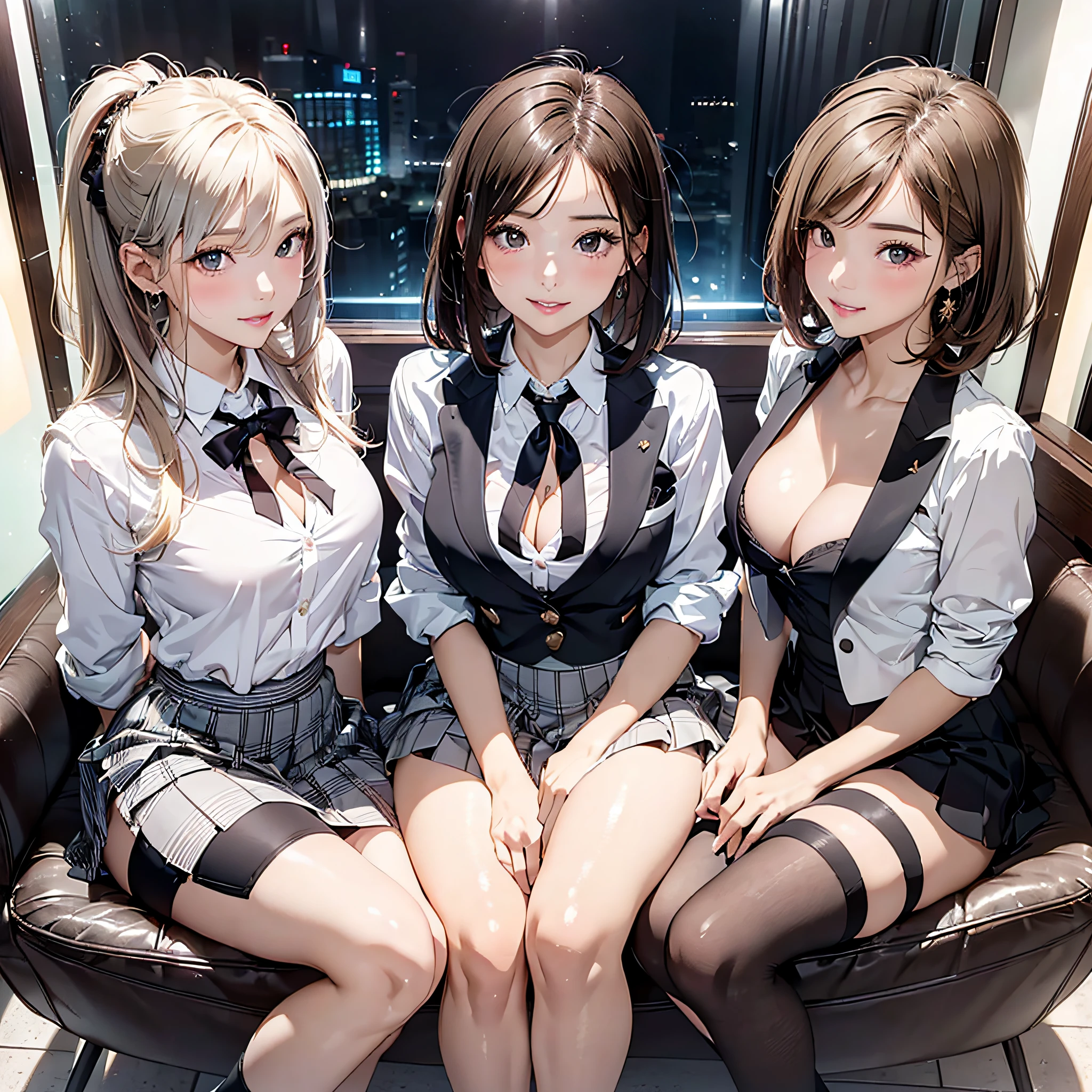 (masterpiece:1.3), high resolution, ultra detailed, extremely detailed CG unity 8k wallpaper, realistic, photo-realistic, RAW photo, beautiful detailed face, pale skin, realistic glistening skin, detailed cloth texture, detailed hair texture, Perfect body, Beautiful Face, accurate, Anatomically correct, Highly detailed face and skin texture, natural neck length, (beautiful hands), (fair skin:1.2), Thin legs, Thin feet,
BREAK,
Detailed eyes, symmetric eyes, Light Brown eyes, Double eyelids, Thin eyebrows, (Glossy lips:1.4), (sexy smile:1.2),
BREAK,
(nsfw:1.3), (Classy and Cute girl), ((Three girls:1.3)), (They are nightclub hostess), ((Three girls are wearing elegant high school uniform of different colors skirt each:1.5)),
(medium large breasts, Cleavage, slender figure, firm abs, firm breasts:1.1),
((Left girl is Blonde hair, Middle girl is Brown hair, Right girl is Silver hair):1.3), (short bob hairstyle, short hair), ((asymmetrical bangs:1.2)),
BREAK,
((Three girls are Sitting on the low chair in the Luxury nightclub of Japan :1.3)), ((from above)), ((looking up at viewer:1.2)), (Full body shot:1.3),