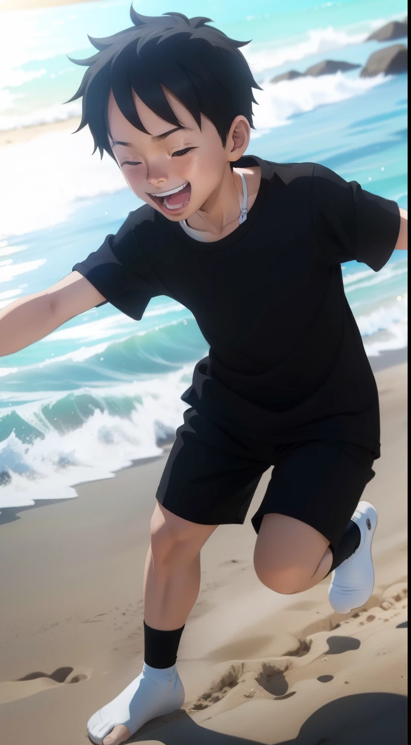Black shirt,Wear it with black shorts,White socks,A cute Shota frolicking happily on the beach,The sun is at noon。