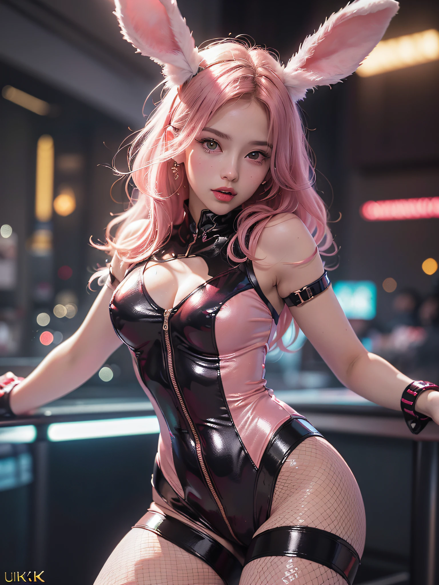 (official art, unity 8k wallpaper, ultra detailed, beautiful and aesthetic, masterpiece ,best quality, photorealistic:1.3),(bunny girl), ( pink body suit, tights:1.1), slim, full body, beautiful figure, shiny skin, Ultra-detailed face, Detailed eyes, lustrous lips ,bar , night club, Professional lighting,